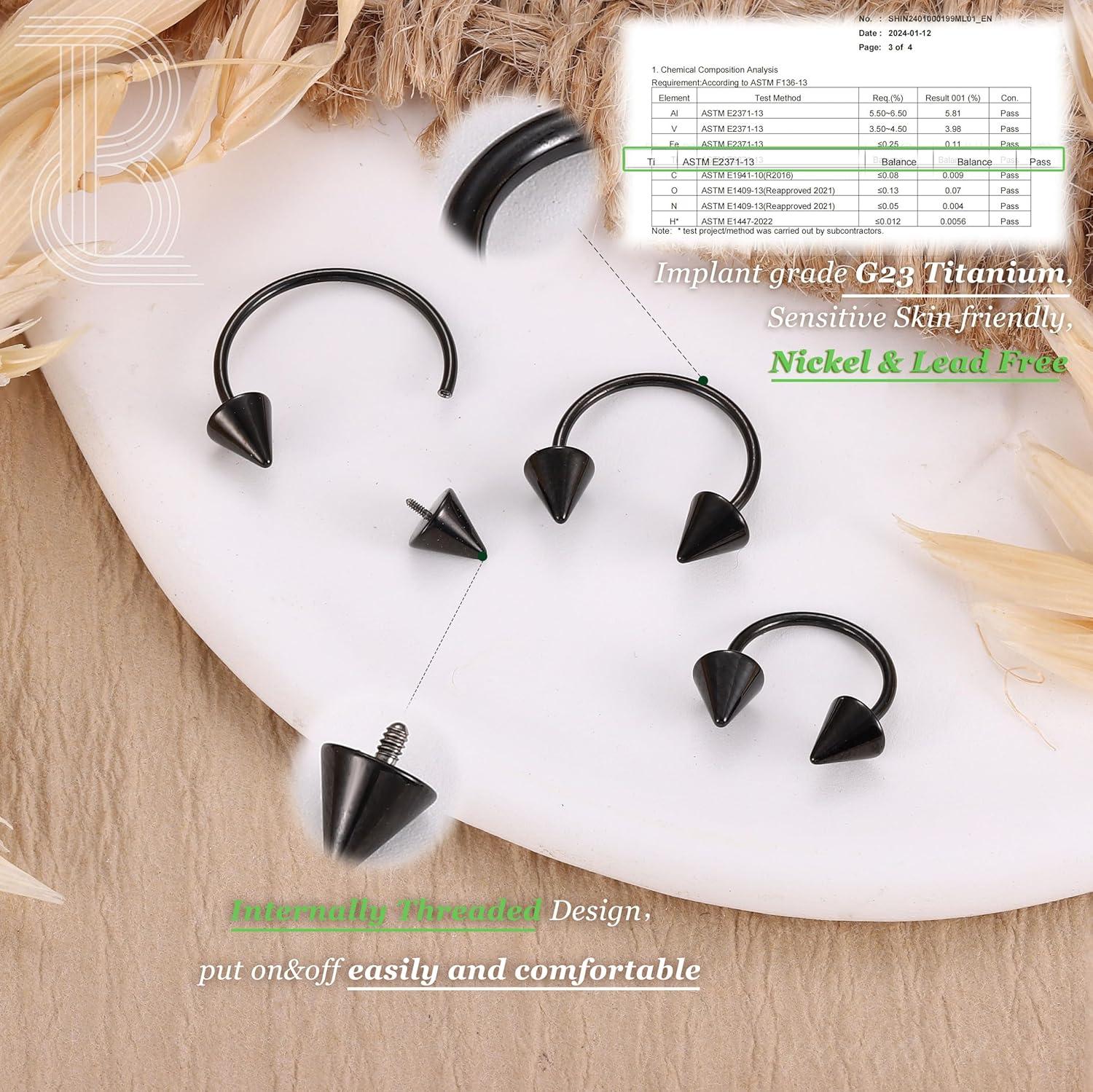 imageBodyBonita G23 Titanium Horseshoe Septum Rings 23pcs Nose Rings Circular Barbell Spikes Septum Jewelry Nose Piercing Jewelry Conch Helix Rook Lip Cartilage Earring Men Gold PlatedSilverBlackBlack3pcs