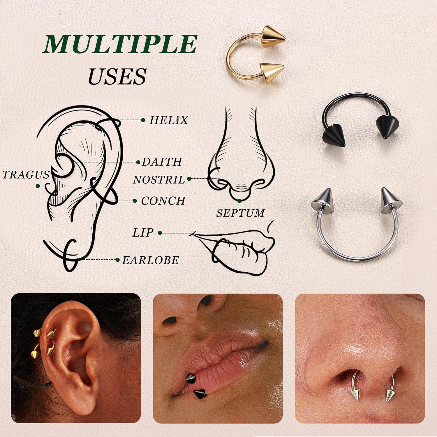 imageBodyBonita G23 Titanium Horseshoe Septum Rings 23pcs Nose Rings Circular Barbell Spikes Septum Jewelry Nose Piercing Jewelry Conch Helix Rook Lip Cartilage Earring Men Gold PlatedSilverBlackMixed3pcs
