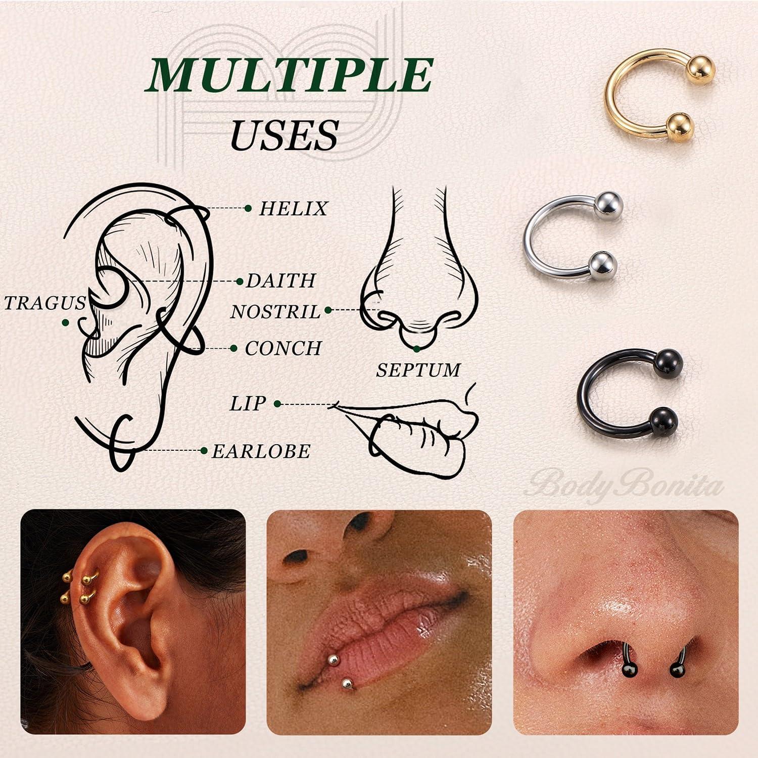 imageBodyBonita G23 Titanium Horseshoe Septum Rings 23pcs Nose Rings Circular Barbell Spikes Septum Jewelry Nose Piercing Jewelry Conch Helix Rook Lip Cartilage Earring Men Gold PlatedSilverBlackMixed3pcs