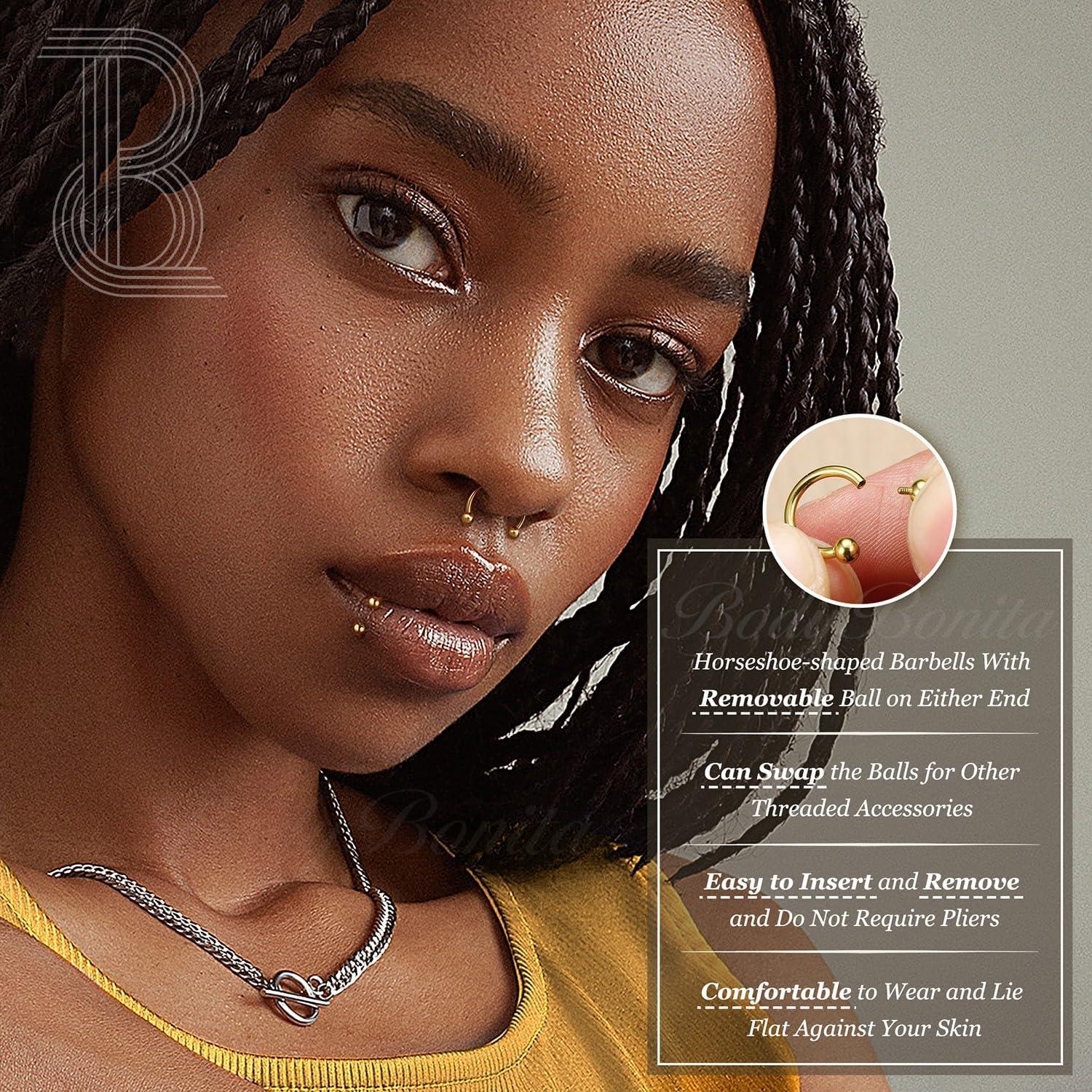 imageBodyBonita G23 Titanium Horseshoe Septum Rings 23pcs Nose Rings Circular Barbell Spikes Septum Jewelry Nose Piercing Jewelry Conch Helix Rook Lip Cartilage Earring Men Gold PlatedSilverBlackMixed3pcs