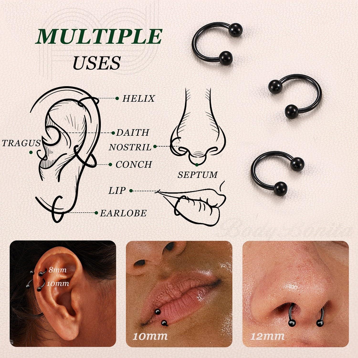 imageBodyBonita G23 Titanium Horseshoe Septum Rings 23pcs Nose Rings Circular Barbell Spikes Septum Jewelry Nose Piercing Jewelry Conch Helix Rook Lip Cartilage Earring Men Gold PlatedSilverBlackBlack3pcs