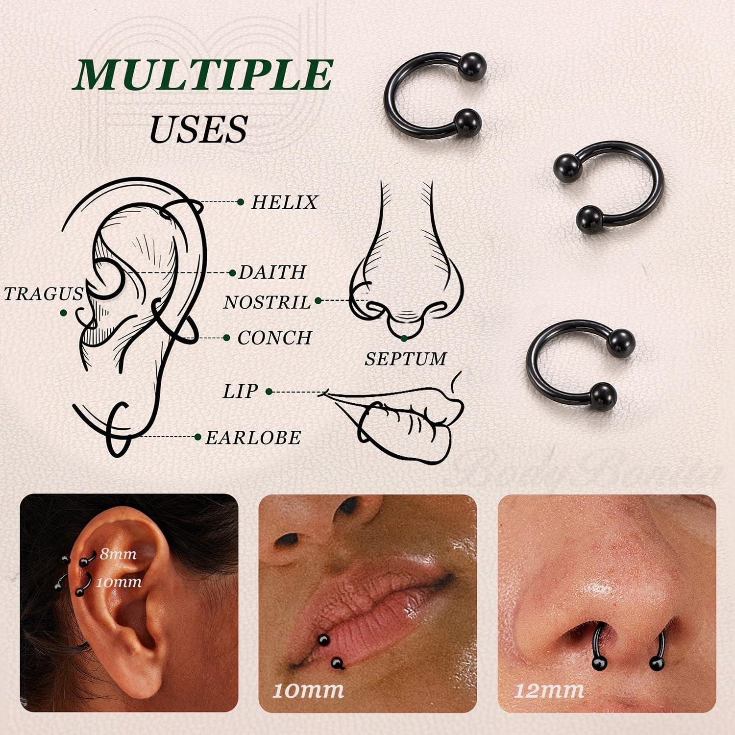 imageBodyBonita G23 Titanium Horseshoe Septum Rings 23pcs Nose Rings Circular Barbell Spikes Septum Jewelry Nose Piercing Jewelry Conch Helix Rook Lip Cartilage Earring Men Gold PlatedSilverBlackBlack3pcs