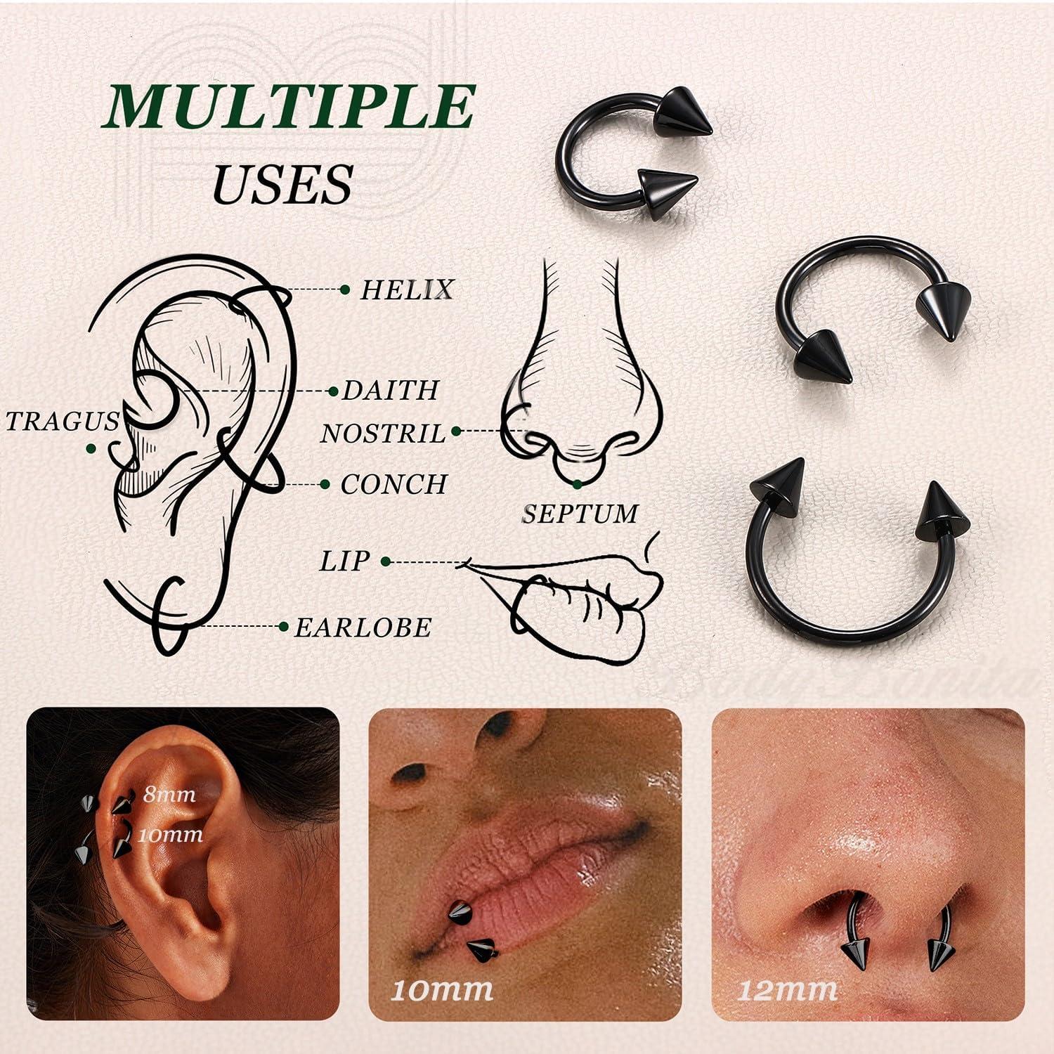imageBodyBonita G23 Titanium Horseshoe Septum Rings 23pcs Nose Rings Circular Barbell Spikes Septum Jewelry Nose Piercing Jewelry Conch Helix Rook Lip Cartilage Earring Men Gold PlatedSilverBlackBlack3pcs