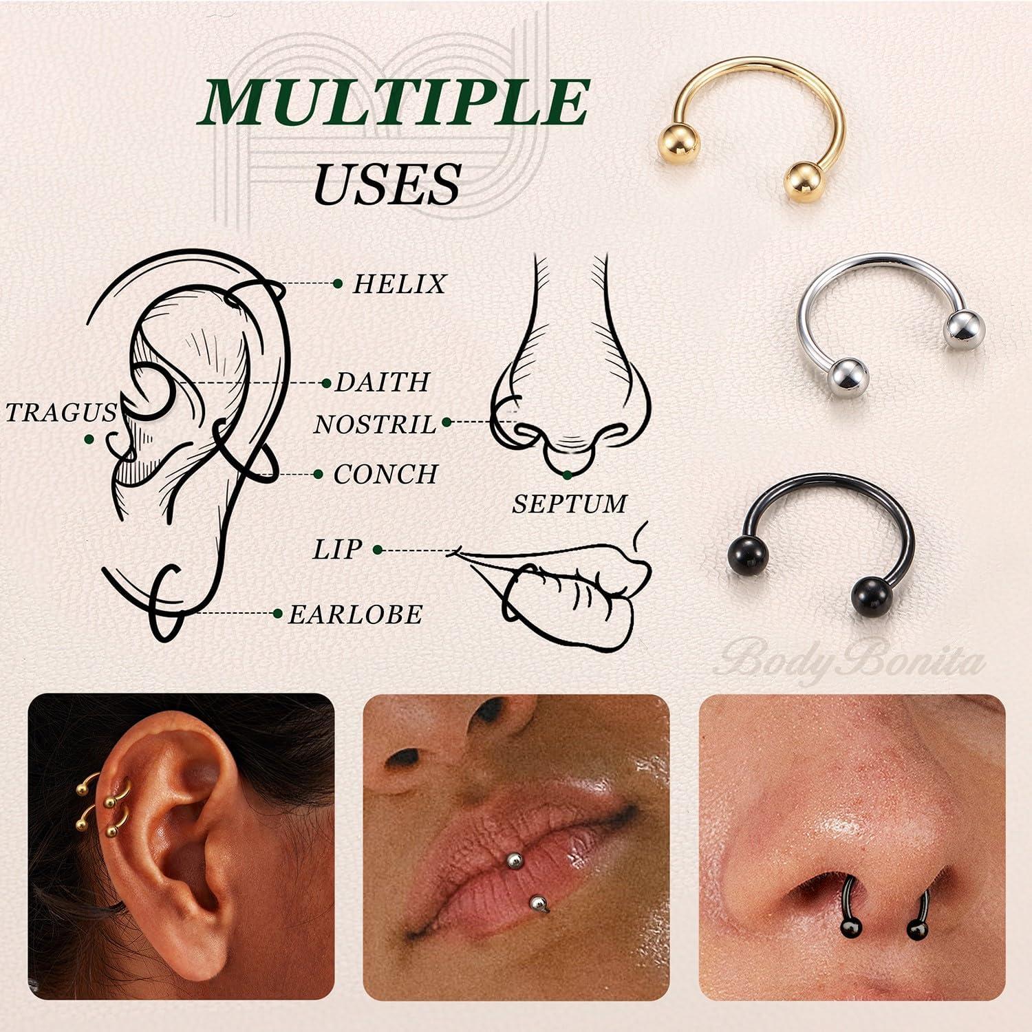 imageBodyBonita G23 Titanium Horseshoe Septum Rings 23pcs Nose Rings Circular Barbell Spikes Septum Jewelry Nose Piercing Jewelry Conch Helix Rook Lip Cartilage Earring Men Gold PlatedSilverBlackMixed3pcs