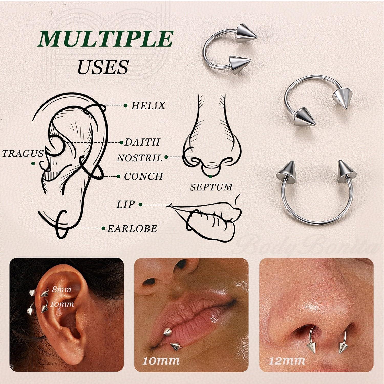 imageBodyBonita G23 Titanium Horseshoe Septum Rings 23pcs Nose Rings Circular Barbell Spikes Septum Jewelry Nose Piercing Jewelry Conch Helix Rook Lip Cartilage Earring Men Gold PlatedSilverBlackSilver3pcs