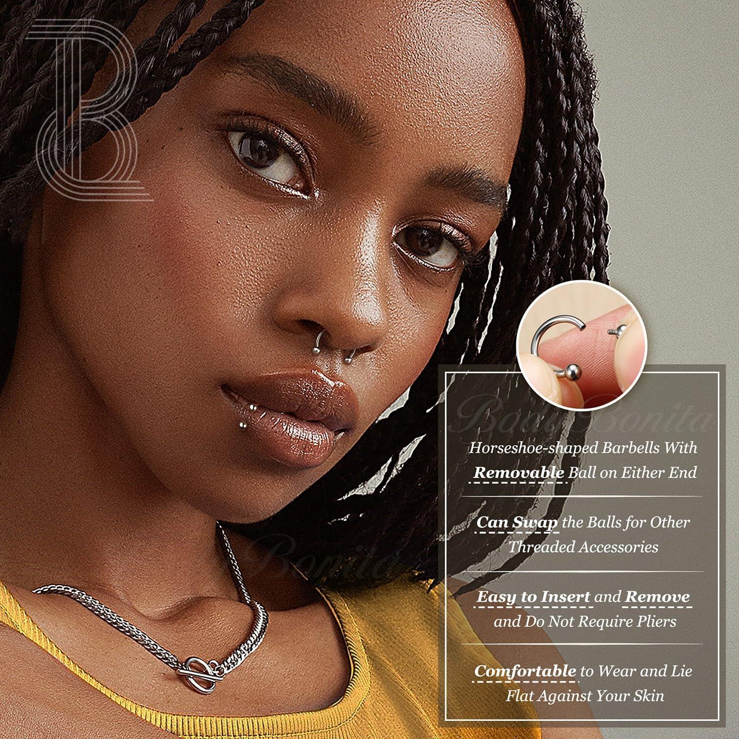 imageBodyBonita G23 Titanium Horseshoe Septum Rings 23pcs Nose Rings Circular Barbell Spikes Septum Jewelry Nose Piercing Jewelry Conch Helix Rook Lip Cartilage Earring Men Gold PlatedSilverBlackSilver3pcs