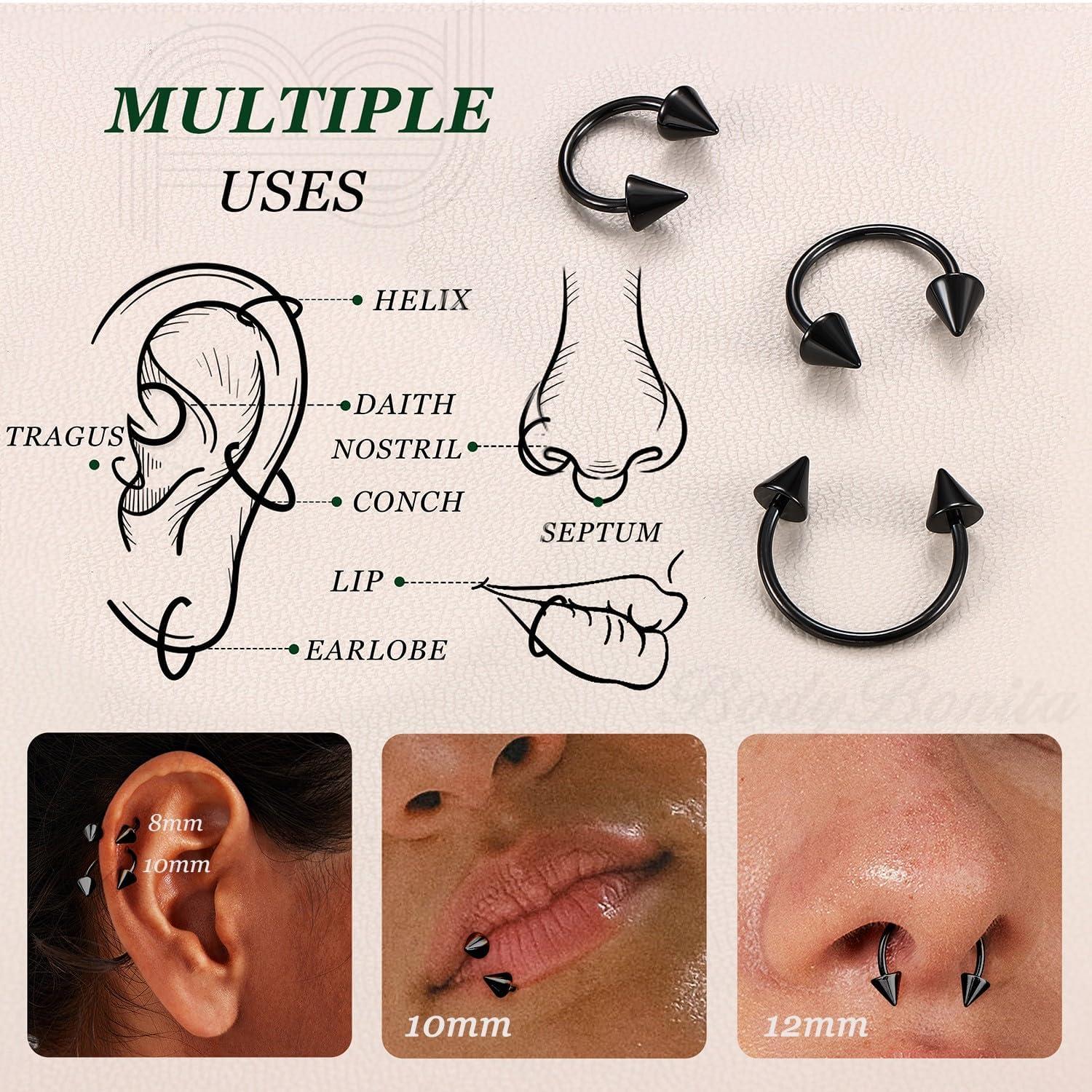 imageBodyBonita G23 Titanium Horseshoe Septum Rings 23pcs Nose Rings Circular Barbell Spikes Septum Jewelry Nose Piercing Jewelry Conch Helix Rook Lip Cartilage Earring Men Gold PlatedSilverBlackBlack3pcs