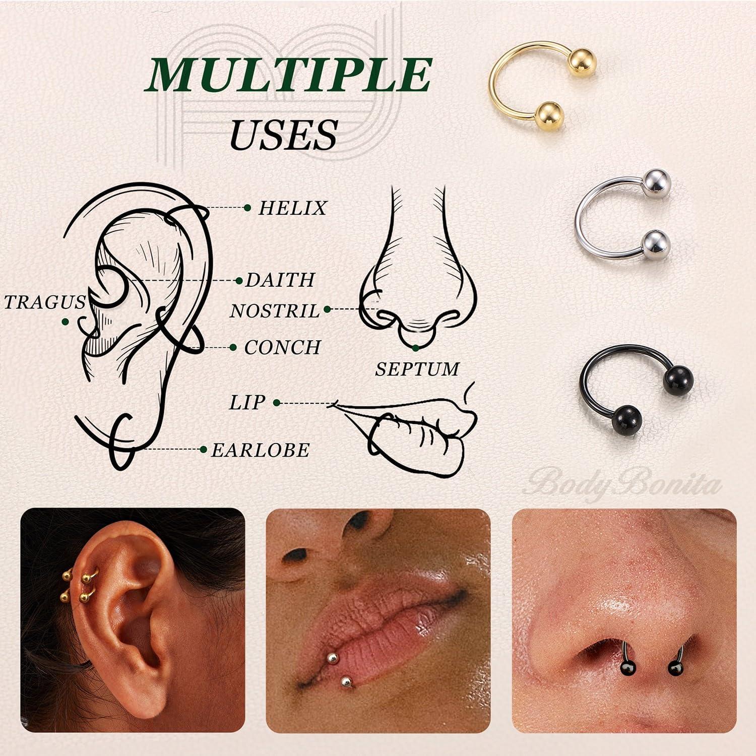 imageBodyBonita G23 Titanium Horseshoe Septum Rings 23pcs Nose Rings Circular Barbell Spikes Septum Jewelry Nose Piercing Jewelry Conch Helix Rook Lip Cartilage Earring Men Gold PlatedSilverBlackMixed3pcs