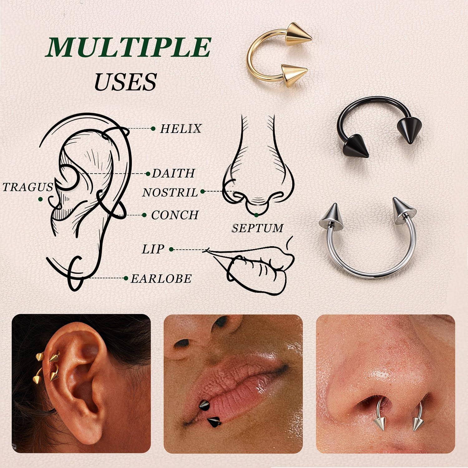 imageBodyBonita G23 Titanium Horseshoe Septum Rings 23pcs Nose Rings Circular Barbell Spikes Septum Jewelry Nose Piercing Jewelry Conch Helix Rook Lip Cartilage Earring Men Gold PlatedSilverBlackMixed3pcs