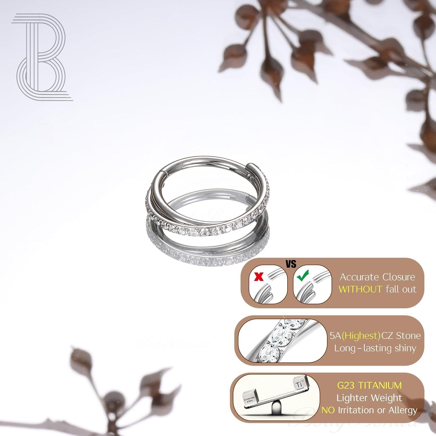 imageBodyBonita G23 Titanium Nose Rings Hoops ABRainbowClear CZ Nose Piercings 161820G Septum Rings Cartilage Helix Rook Tragus Lobe Daith Earrings Body Jewelry for Women Men 6789101112mmSilver Duo Hoop 16G18G