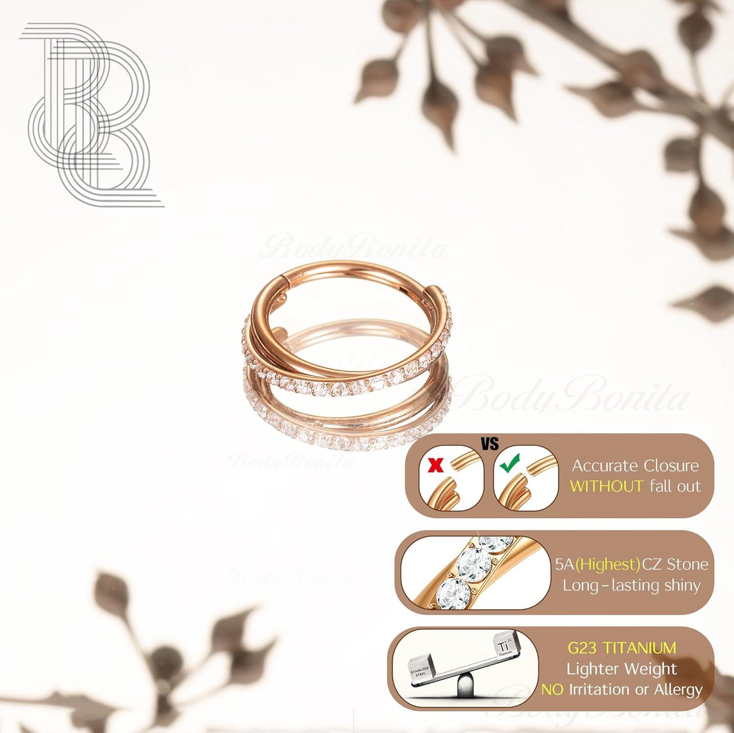 imageBodyBonita G23 Titanium Nose Rings Hoops ABRainbowClear CZ Nose Piercings 161820G Septum Rings Cartilage Helix Rook Tragus Lobe Daith Earrings Body Jewelry for Women Men 6789101112mmRose Gold Duo Hoop 16G18G