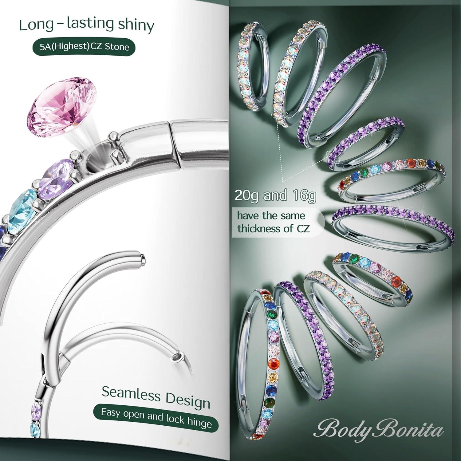 imageBodyBonita G23 Titanium Nose Rings Hoops ABRainbowClear CZ Nose Piercings 161820G Septum Rings Cartilage Helix Rook Tragus Lobe Daith Earrings Body Jewelry for Women Men 6789101112mmSilver Rainbow CZ5A 20G