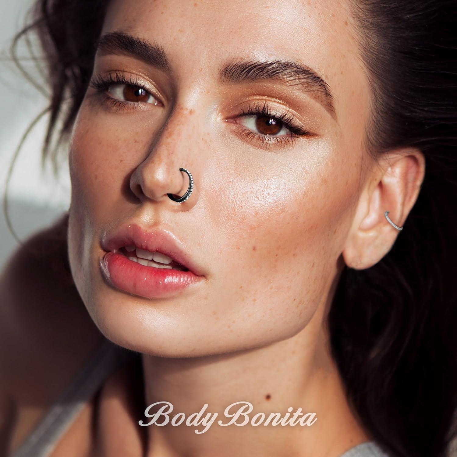 imageBodyBonita G23 Titanium Nose Rings Hoops ABRainbowClear CZ Nose Piercings 161820G Septum Rings Cartilage Helix Rook Tragus Lobe Daith Earrings Body Jewelry for Women Men 6789101112mmBlack Duo Hoop 20G