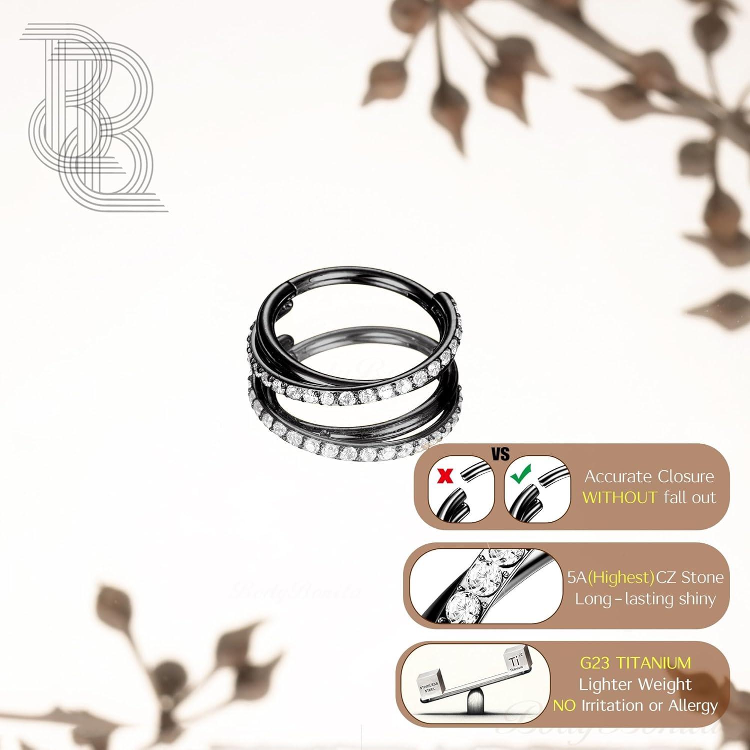 imageBodyBonita G23 Titanium Nose Rings Hoops ABRainbowClear CZ Nose Piercings 161820G Septum Rings Cartilage Helix Rook Tragus Lobe Daith Earrings Body Jewelry for Women Men 6789101112mmBlack Duo Hoop 16G18G