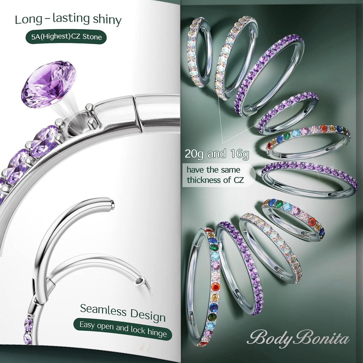 imageBodyBonita G23 Titanium Nose Rings Hoops ABRainbowClear CZ Nose Piercings 161820G Septum Rings Cartilage Helix Rook Tragus Lobe Daith Earrings Body Jewelry for Women Men 6789101112mmSilver Rainbow CZ5A 16G18G