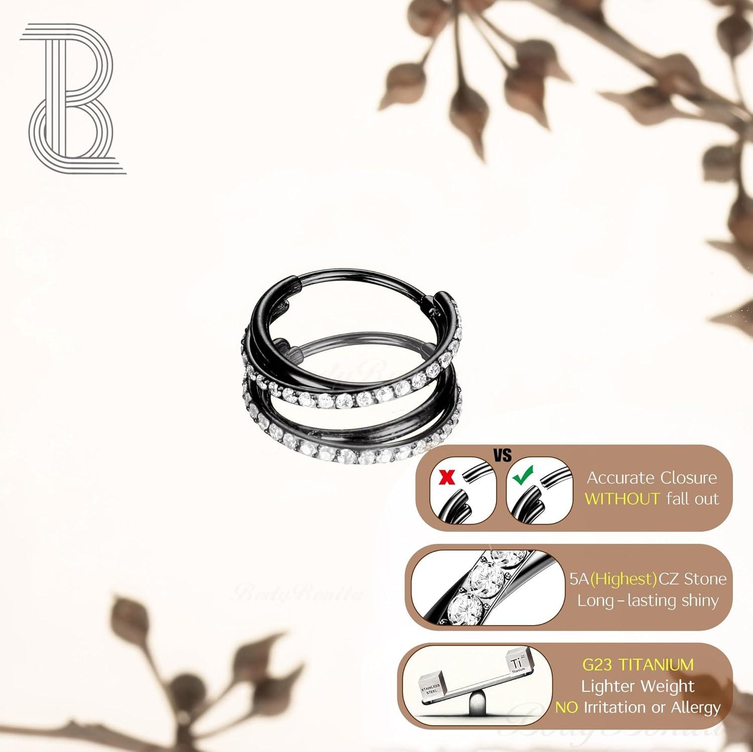 imageBodyBonita G23 Titanium Nose Rings Hoops ABRainbowClear CZ Nose Piercings 161820G Septum Rings Cartilage Helix Rook Tragus Lobe Daith Earrings Body Jewelry for Women Men 6789101112mmBlack Duo Hoop 20G