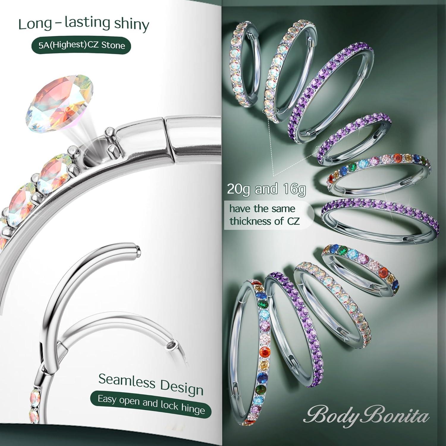 imageBodyBonita G23 Titanium Nose Rings Hoops ABRainbowClear CZ Nose Piercings 161820G Septum Rings Cartilage Helix Rook Tragus Lobe Daith Earrings Body Jewelry for Women Men 6789101112mmSilver AB CZ5A 20G