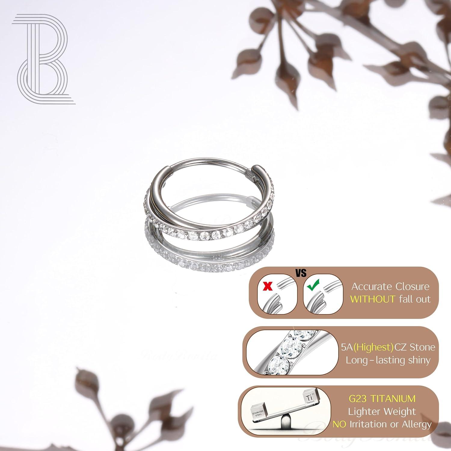 imageBodyBonita G23 Titanium Nose Rings Hoops ABRainbowClear CZ Nose Piercings 161820G Septum Rings Cartilage Helix Rook Tragus Lobe Daith Earrings Body Jewelry for Women Men 6789101112mmSilver Duo Hoop 20G