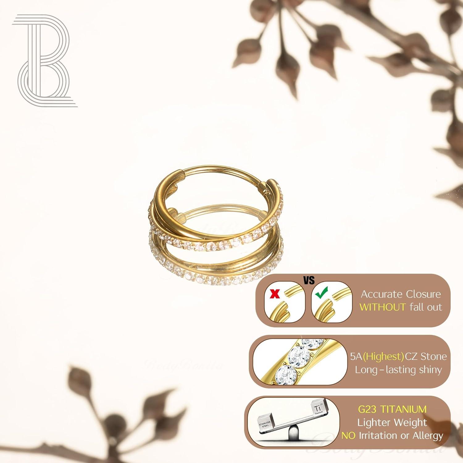 imageBodyBonita G23 Titanium Nose Rings Hoops ABRainbowClear CZ Nose Piercings 161820G Septum Rings Cartilage Helix Rook Tragus Lobe Daith Earrings Body Jewelry for Women Men 6789101112mmGold Duo Hoop 20G