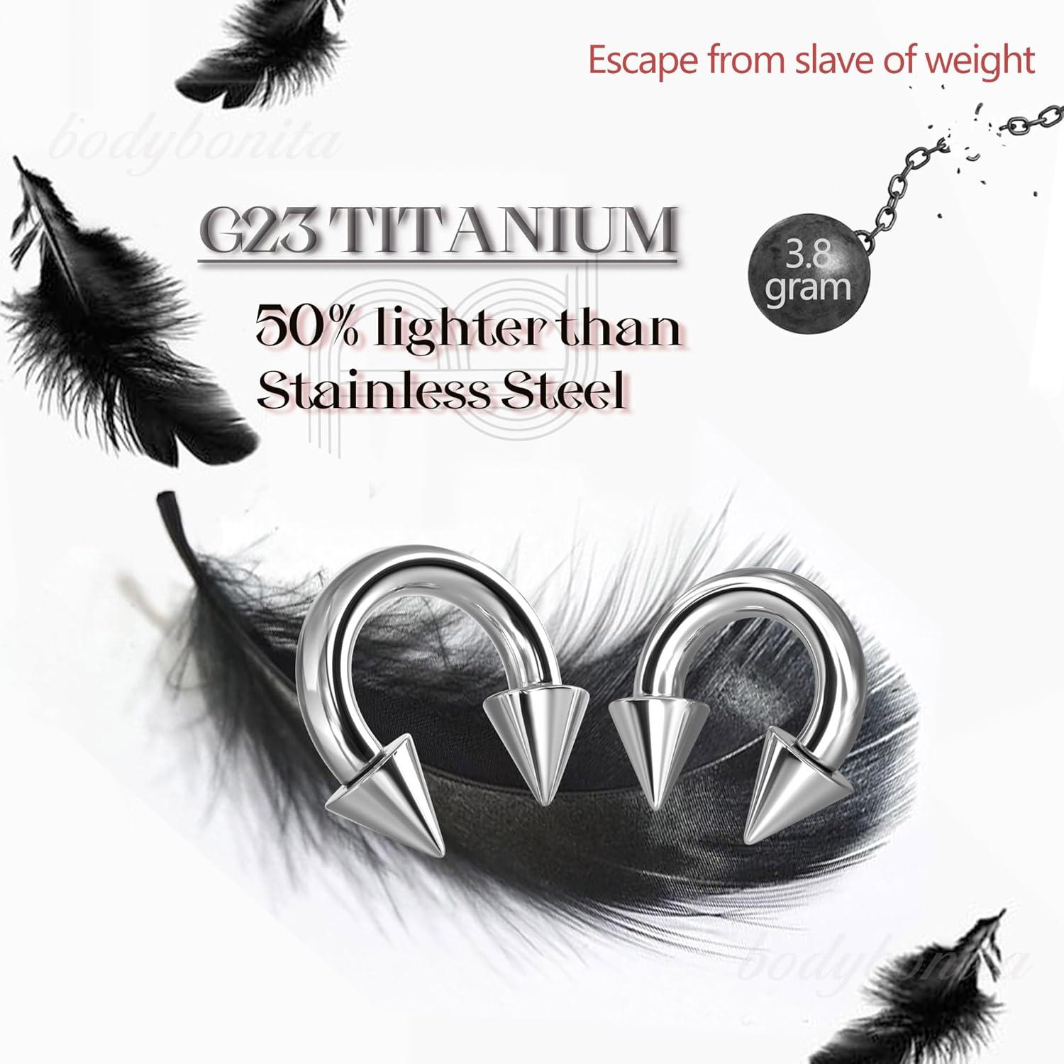 imageBodyBonita G23 Titanium Septum Rings 00024681012G Horseshoe Circular Barbell Spikes Stretched Pincher Nose Piercing Jewelry ASTM F136 Titanium Earrings for Women Men 10121619 mmTitaniumHorseshoe Spike