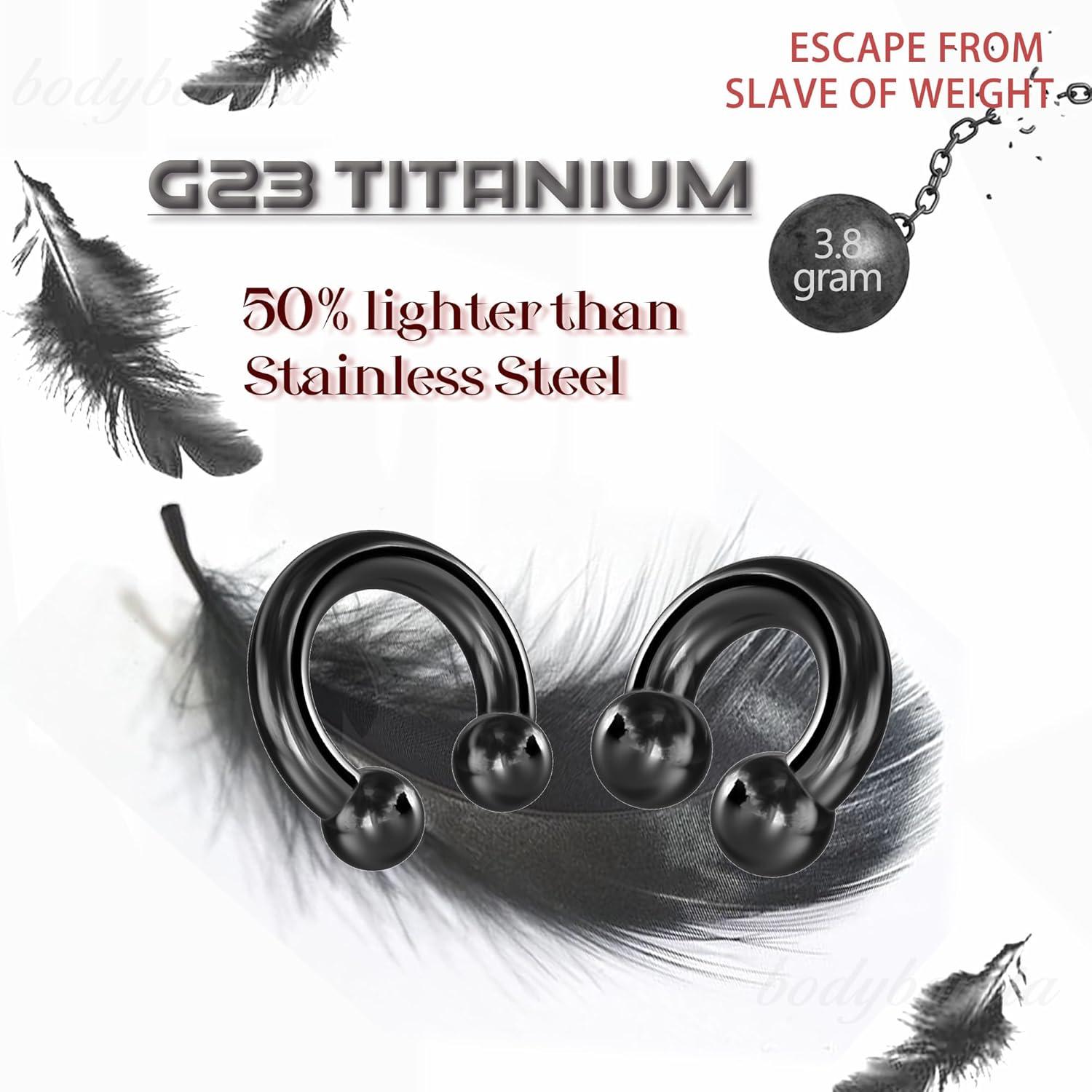 imageBodyBonita G23 Titanium Septum Rings 00024681012G Horseshoe Circular Barbell Spikes Stretched Pincher Nose Piercing Jewelry ASTM F136 Titanium Earrings for Women Men 10121619 mmBlackHorseshoe Balls