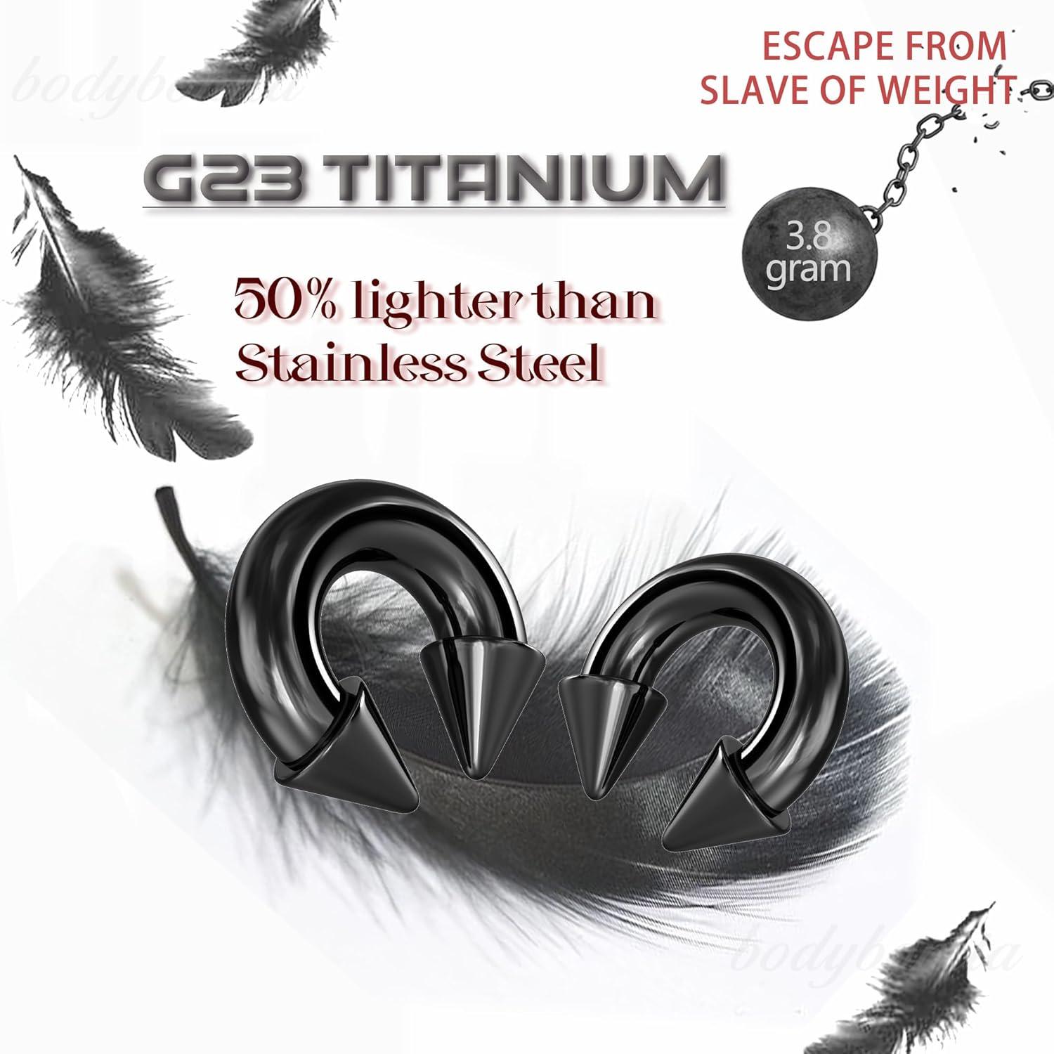 imageBodyBonita G23 Titanium Septum Rings 00024681012G Horseshoe Circular Barbell Spikes Stretched Pincher Nose Piercing Jewelry ASTM F136 Titanium Earrings for Women Men 10121619 mmBlackHorseshoe Spike