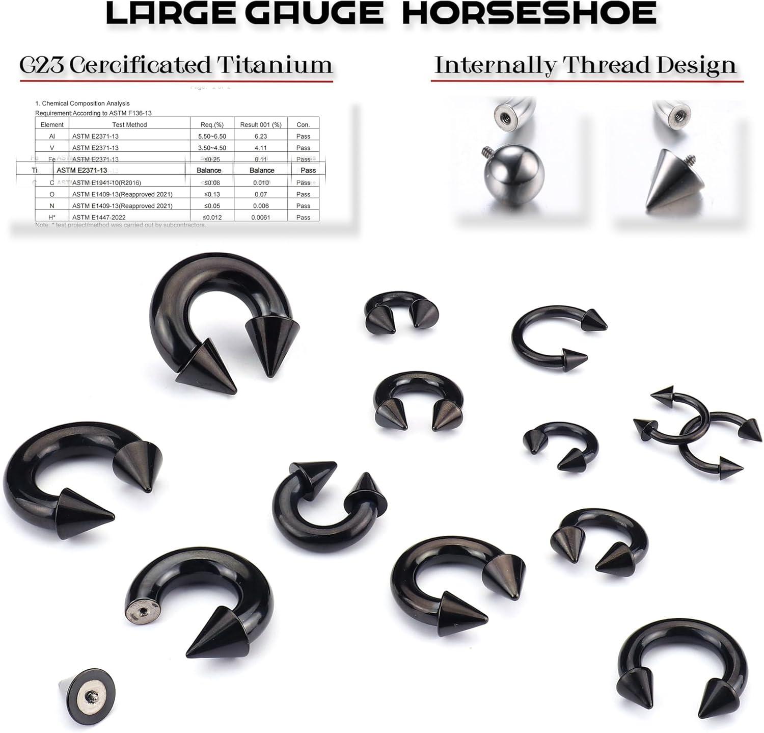 imageBodyBonita G23 Titanium Septum Rings 00024681012G Horseshoe Circular Barbell Spikes Stretched Pincher Nose Piercing Jewelry ASTM F136 Titanium Earrings for Women Men 10121619 mmBlackHorseshoe Spike