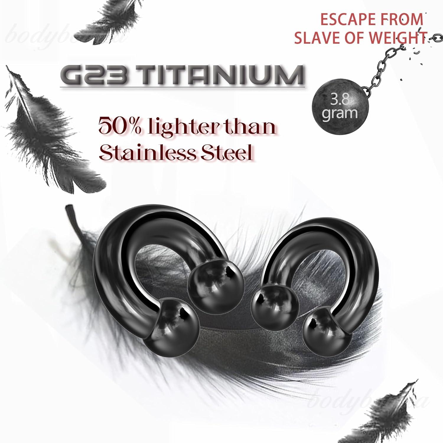 imageBodyBonita G23 Titanium Septum Rings 00024681012G Horseshoe Circular Barbell Spikes Stretched Pincher Nose Piercing Jewelry ASTM F136 Titanium Earrings for Women Men 10121619 mmBlackHorseshoe Balls