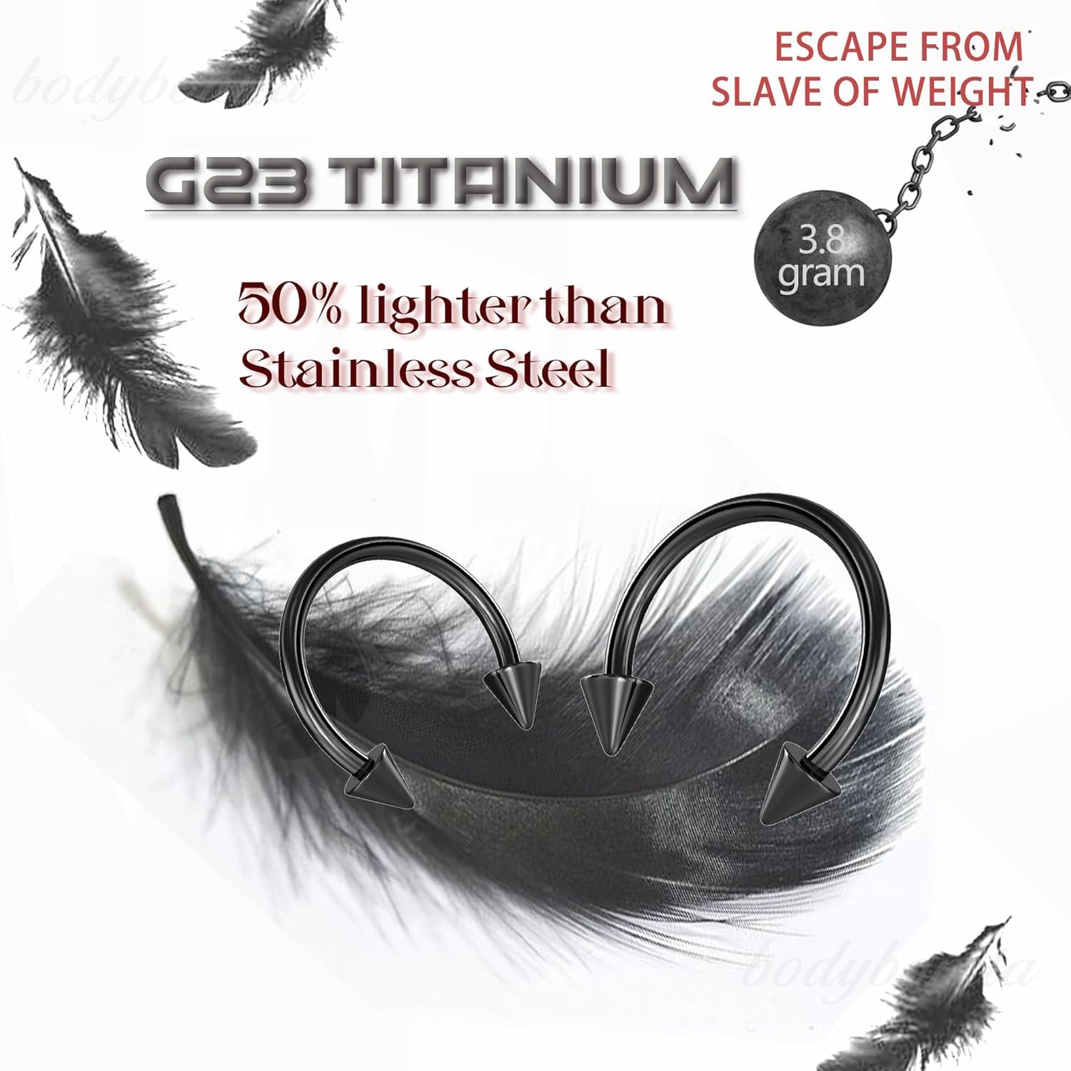 imageBodyBonita G23 Titanium Septum Rings 00024681012G Horseshoe Circular Barbell Spikes Stretched Pincher Nose Piercing Jewelry ASTM F136 Titanium Earrings for Women Men 10121619 mmBlackHorseshoe Spike