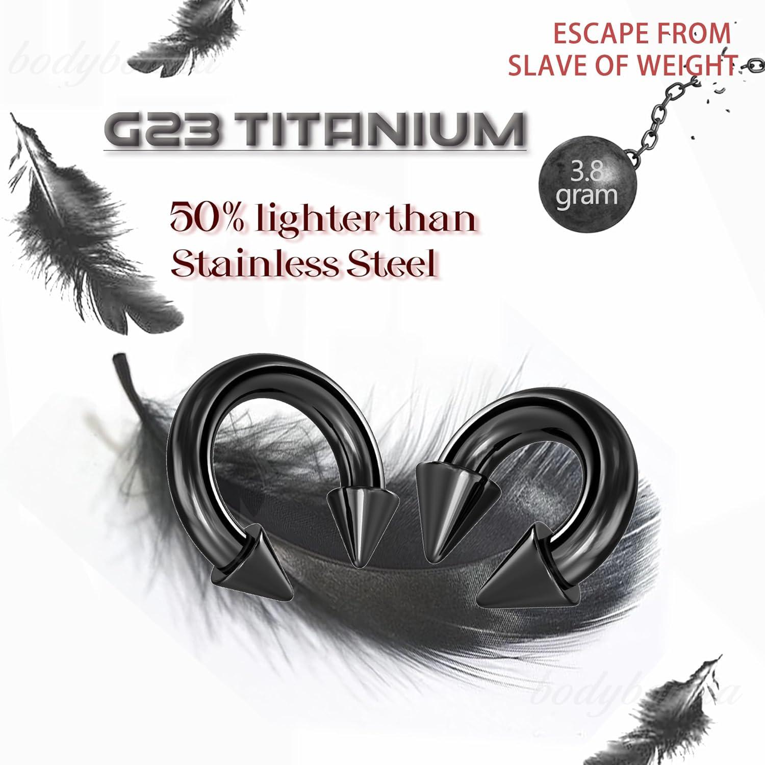 imageBodyBonita G23 Titanium Septum Rings 00024681012G Horseshoe Circular Barbell Spikes Stretched Pincher Nose Piercing Jewelry ASTM F136 Titanium Earrings for Women Men 10121619 mmBlackHorseshoe Spike