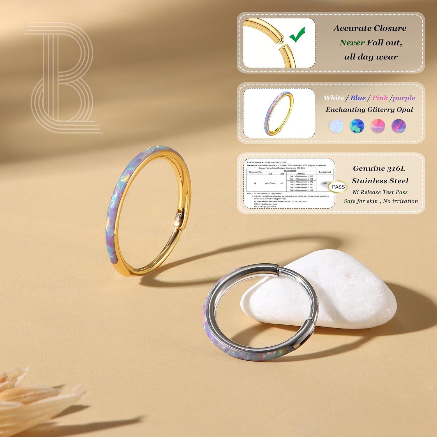 imageBodyBonita Hinged Opal Nose Rings Hoops 16G18G20G 316L Surgical Steel Hinged Hoop Nose Rings Septum Rings Conch Helix Daith Piercing Jewelry PurplePinkBlueWhite 10mm8mm SilverGold PlatedPurple Opal