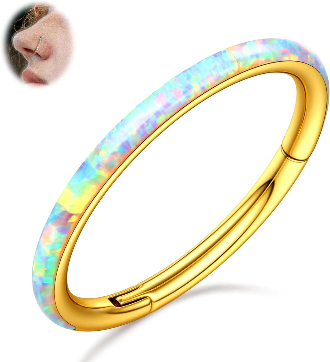 imageBodyBonita Hinged Opal Nose Rings Hoops 16G18G20G 316L Surgical Steel Hinged Hoop Nose Rings Septum Rings Conch Helix Daith Piercing Jewelry PurplePinkBlueWhite 10mm8mm SilverGold PlatedWhite Opal