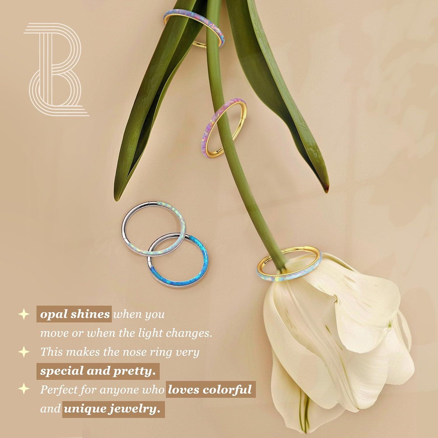 imageBodyBonita Hinged Opal Nose Rings Hoops 16G18G20G 316L Surgical Steel Hinged Hoop Nose Rings Septum Rings Conch Helix Daith Piercing Jewelry PurplePinkBlueWhite 10mm8mm SilverGold PlatedPink Opal