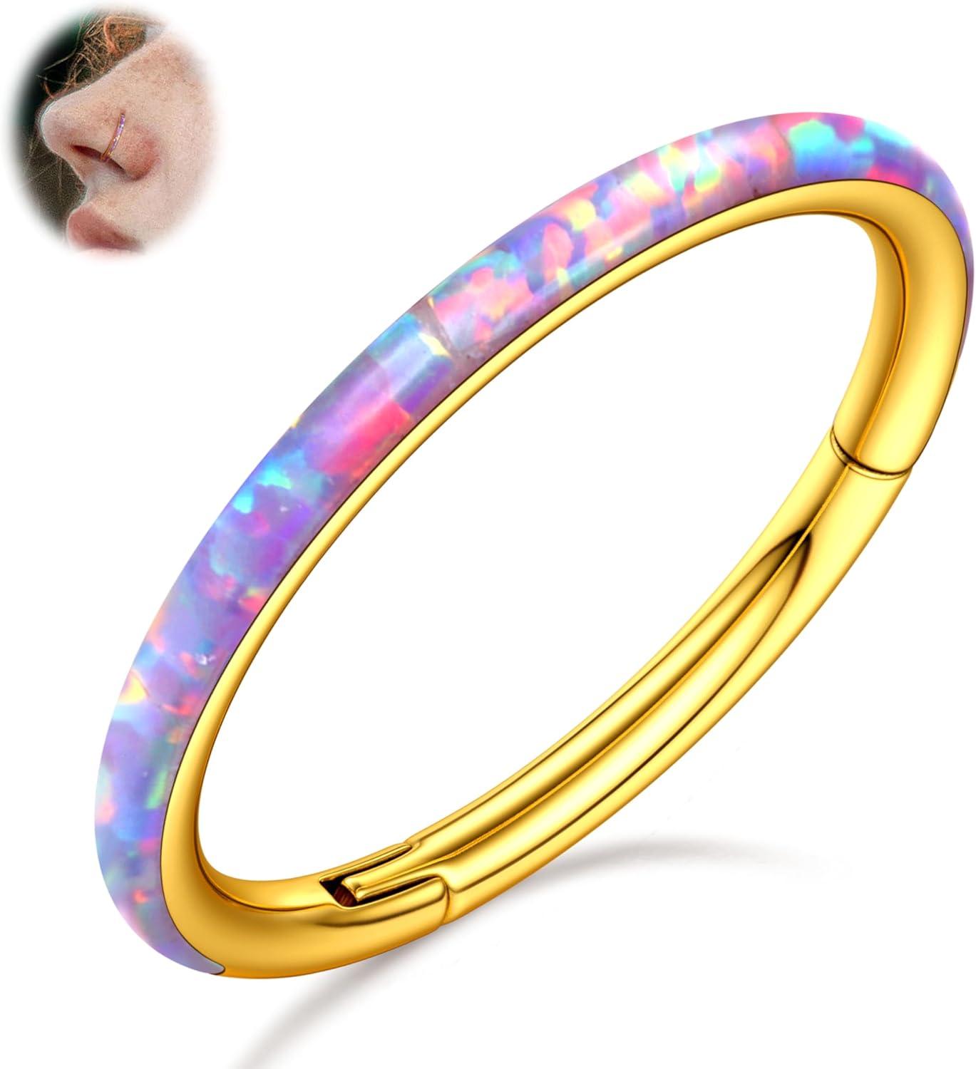 imageBodyBonita Hinged Opal Nose Rings Hoops 16G18G20G 316L Surgical Steel Hinged Hoop Nose Rings Septum Rings Conch Helix Daith Piercing Jewelry PurplePinkBlueWhite 10mm8mm SilverGold PlatedPurple Opal