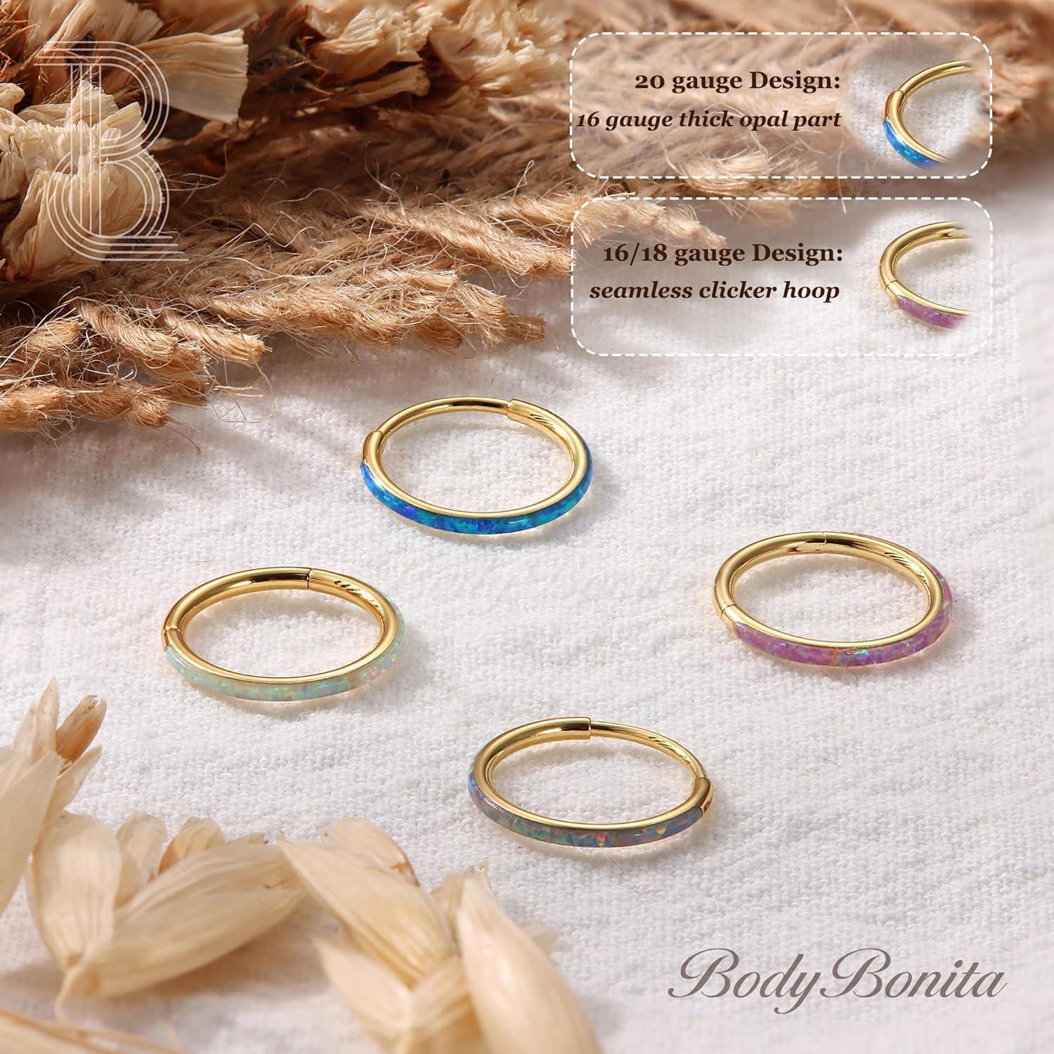 imageBodyBonita Hinged Opal Nose Rings Hoops 16G18G20G 316L Surgical Steel Hinged Hoop Nose Rings Septum Rings Conch Helix Daith Piercing Jewelry PurplePinkBlueWhite 10mm8mm SilverGold PlatedWhite Opal