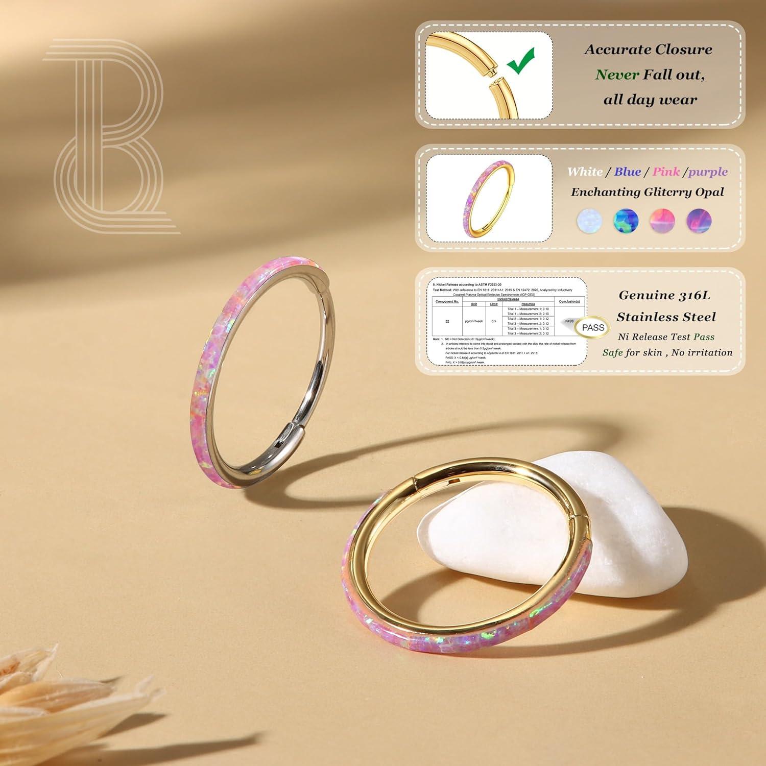 imageBodyBonita Hinged Opal Nose Rings Hoops 16G18G20G 316L Surgical Steel Hinged Hoop Nose Rings Septum Rings Conch Helix Daith Piercing Jewelry PurplePinkBlueWhite 10mm8mm SilverGold PlatedPink Opal