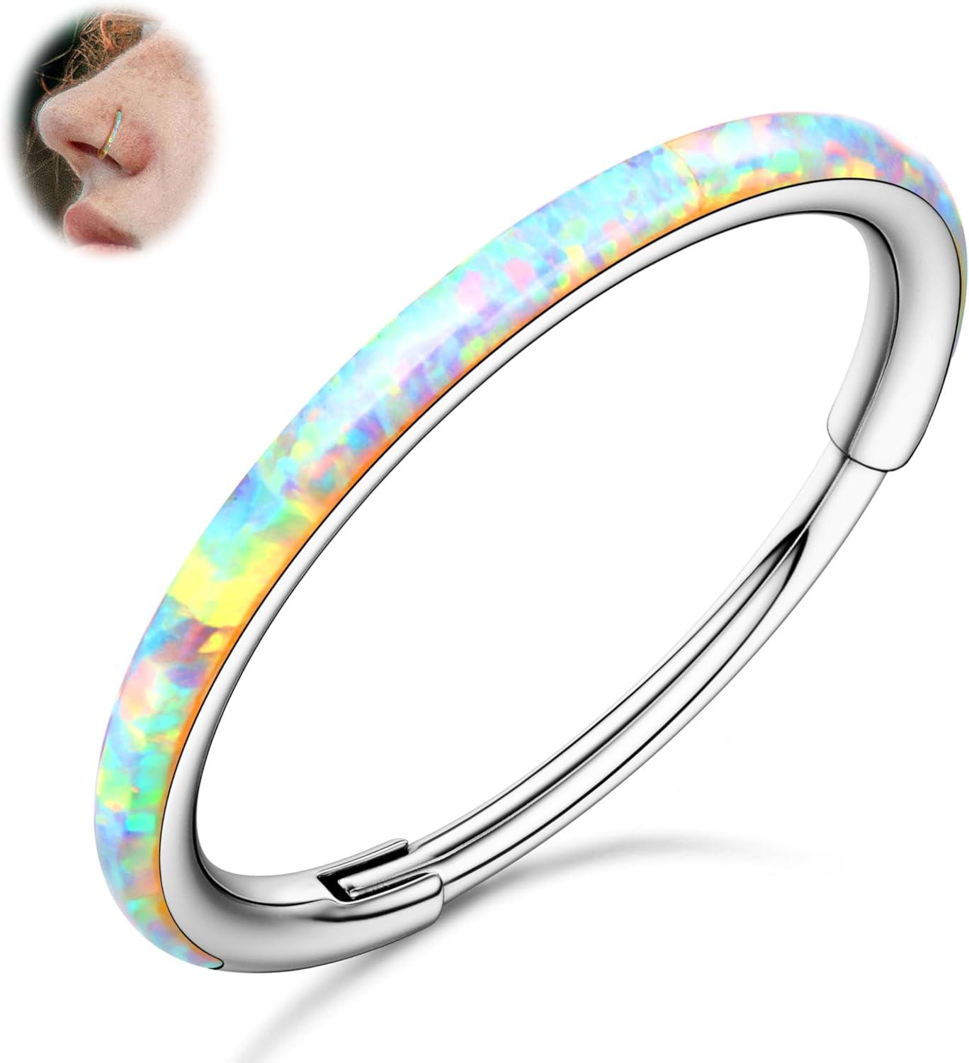 imageBodyBonita Hinged Opal Nose Rings Hoops 16G18G20G 316L Surgical Steel Hinged Hoop Nose Rings Septum Rings Conch Helix Daith Piercing Jewelry PurplePinkBlueWhite 10mm8mm SilverGold PlatedWhite Opal