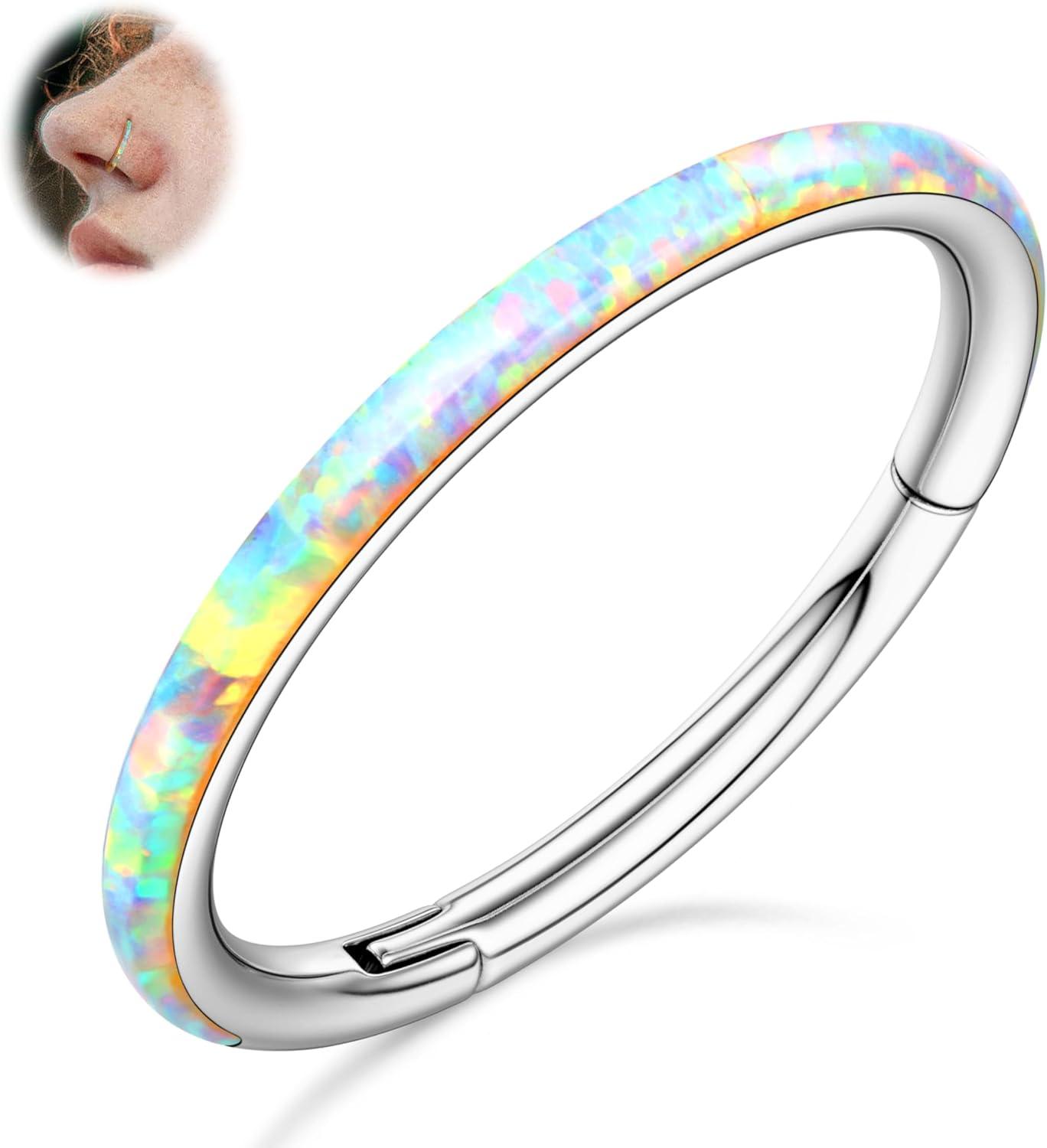 imageBodyBonita Hinged Opal Nose Rings Hoops 16G18G20G 316L Surgical Steel Hinged Hoop Nose Rings Septum Rings Conch Helix Daith Piercing Jewelry PurplePinkBlueWhite 10mm8mm SilverGold PlatedWhite Opal
