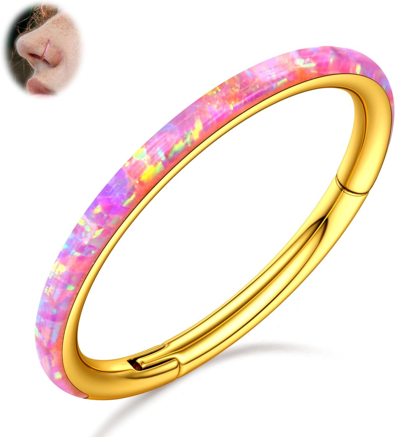 imageBodyBonita Hinged Opal Nose Rings Hoops 16G18G20G 316L Surgical Steel Hinged Hoop Nose Rings Septum Rings Conch Helix Daith Piercing Jewelry PurplePinkBlueWhite 10mm8mm SilverGold PlatedPink Opal