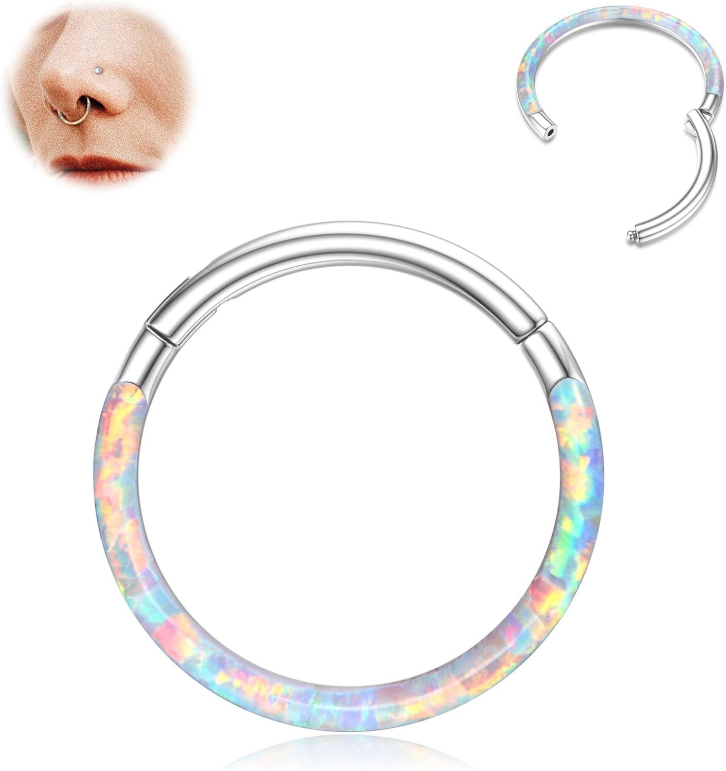 imageBodyBonita Hinged Opal Nose Rings Hoops 16G18G20G 316L Surgical Steel Hinged Hoop Nose Rings Septum Rings Conch Helix Daith Piercing Jewelry PurplePinkBlueWhite 10mm8mm SilverGold PlatedWhite Opal