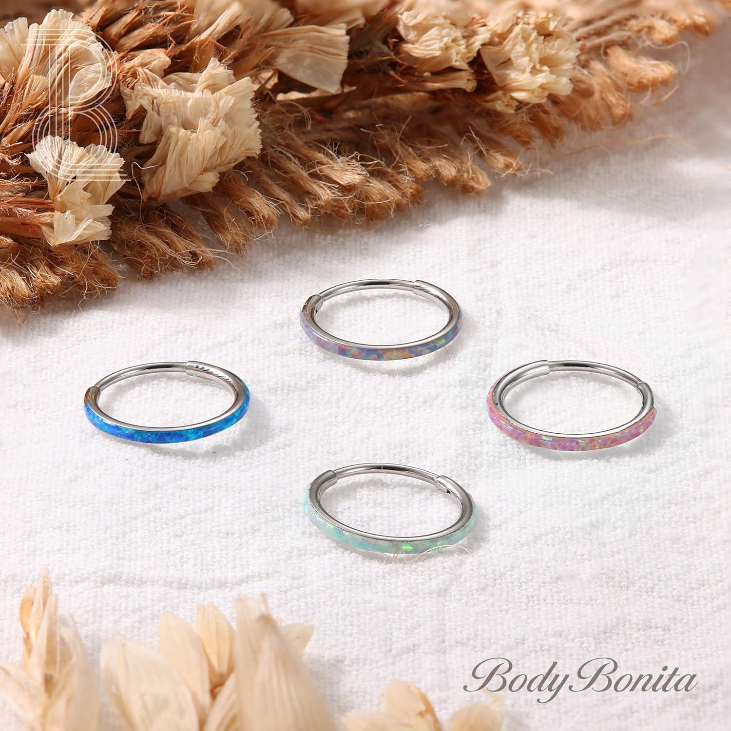 imageBodyBonita Hinged Opal Nose Rings Hoops 16G18G20G 316L Surgical Steel Hinged Hoop Nose Rings Septum Rings Conch Helix Daith Piercing Jewelry PurplePinkBlueWhite 10mm8mm SilverGold PlatedPurple Opal