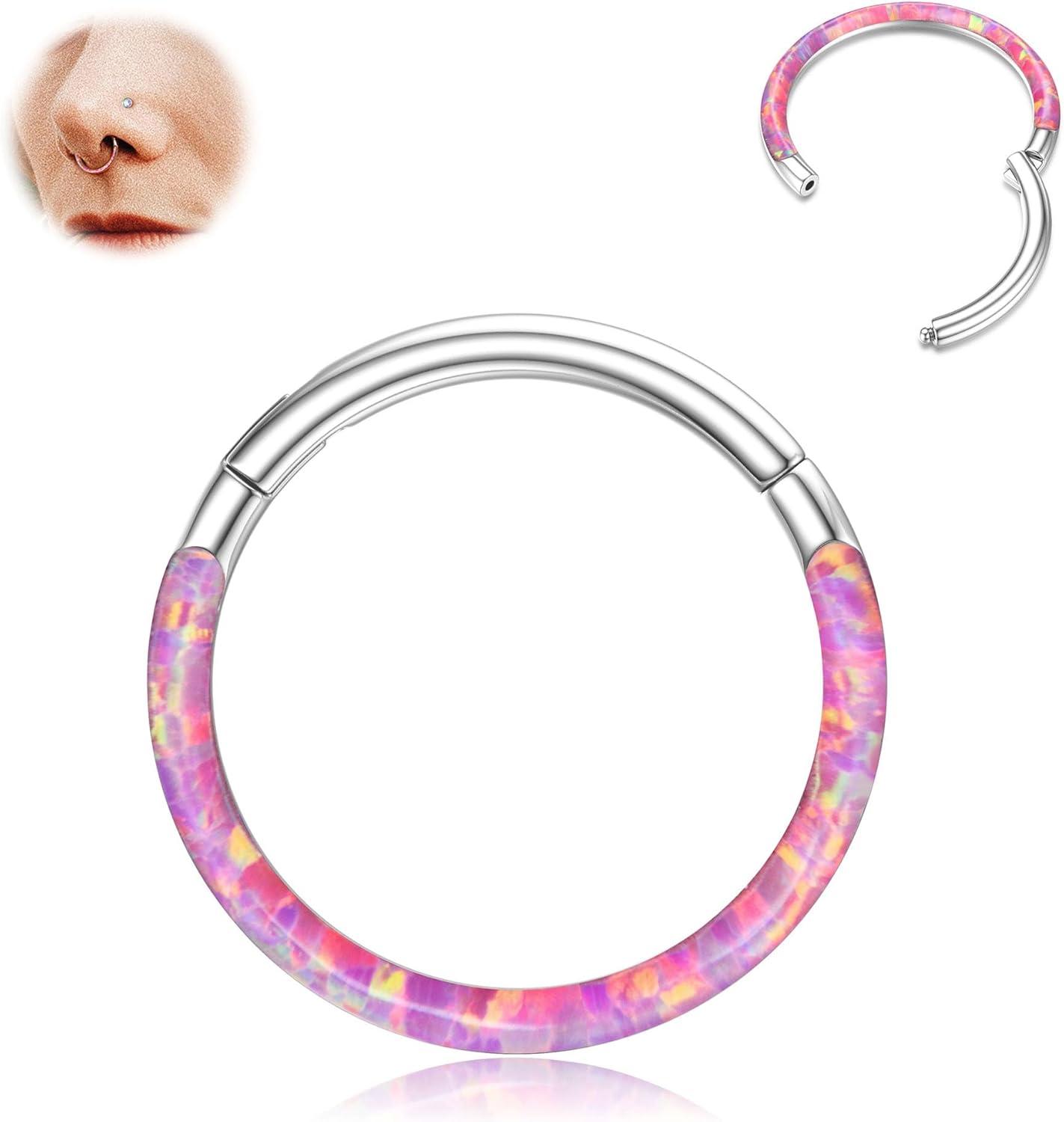 imageBodyBonita Hinged Opal Nose Rings Hoops 16G18G20G 316L Surgical Steel Hinged Hoop Nose Rings Septum Rings Conch Helix Daith Piercing Jewelry PurplePinkBlueWhite 10mm8mm SilverGold PlatedPink Opal
