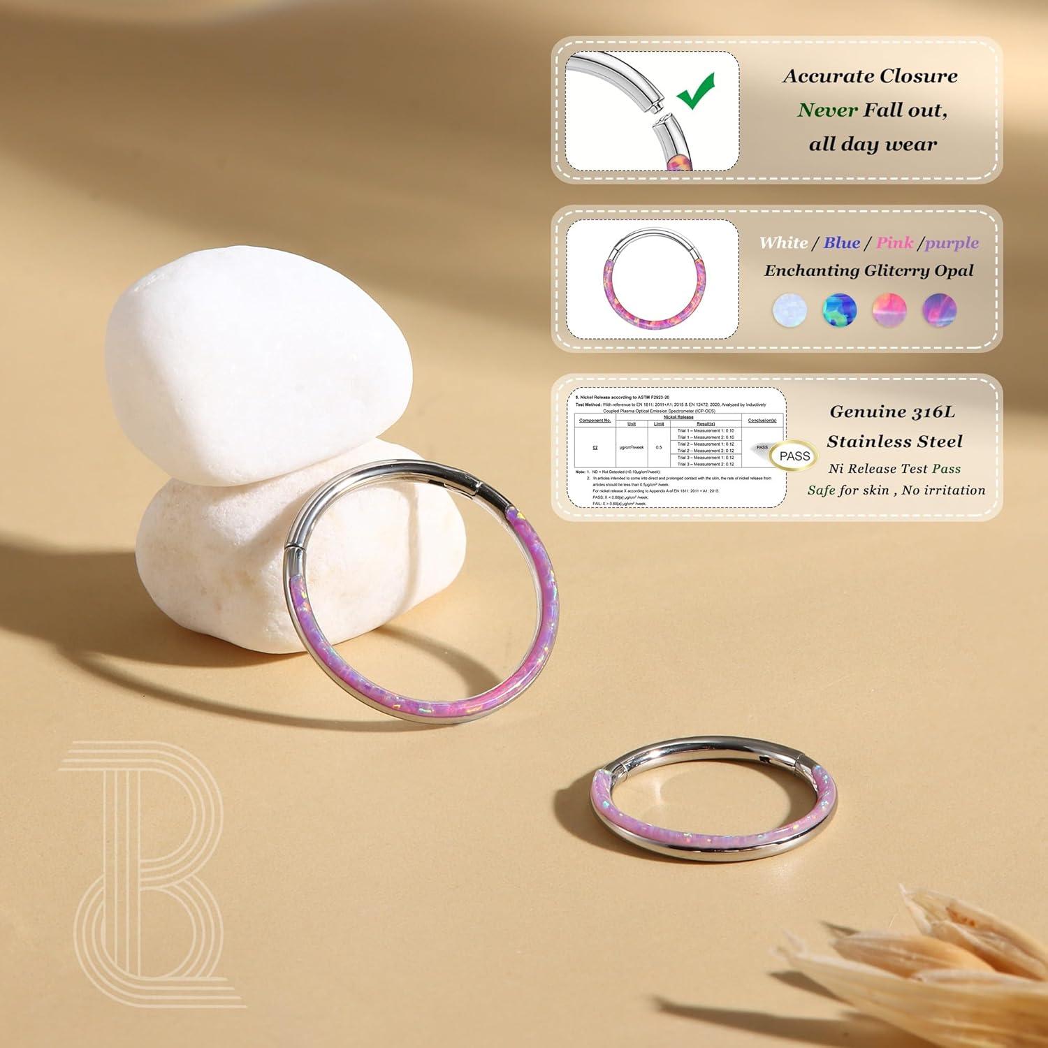 imageBodyBonita Hinged Opal Nose Rings Hoops 16G18G20G 316L Surgical Steel Hinged Hoop Nose Rings Septum Rings Conch Helix Daith Piercing Jewelry PurplePinkBlueWhite 10mm8mm SilverGold PlatedPink Opal