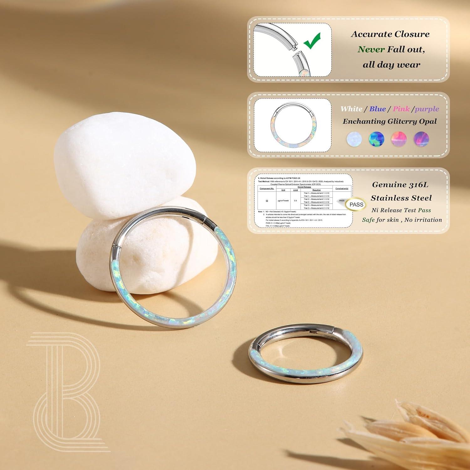 imageBodyBonita Hinged Opal Nose Rings Hoops 16G18G20G 316L Surgical Steel Hinged Hoop Nose Rings Septum Rings Conch Helix Daith Piercing Jewelry PurplePinkBlueWhite 10mm8mm SilverGold PlatedWhite Opal