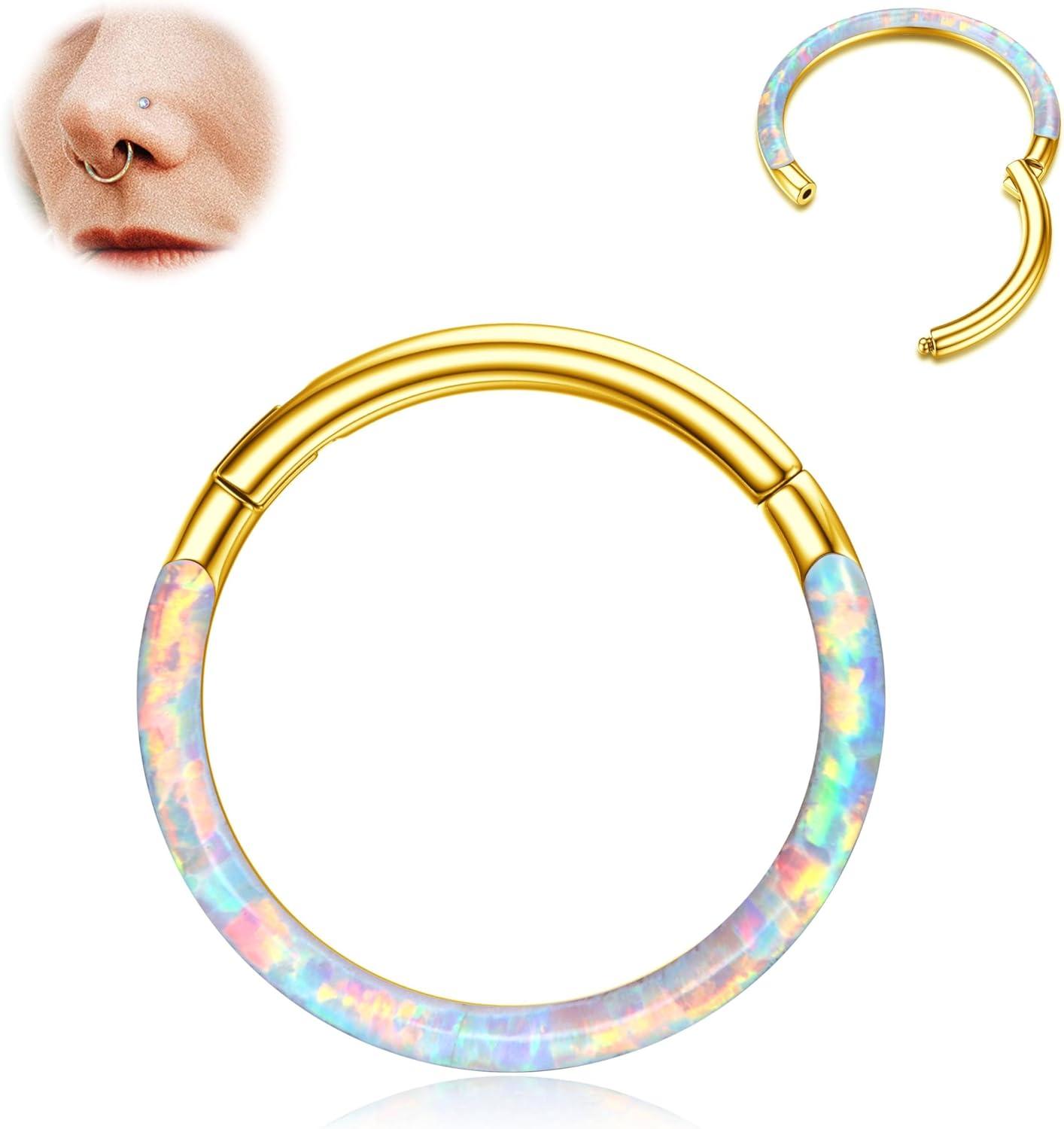 imageBodyBonita Hinged Opal Nose Rings Hoops 16G18G20G 316L Surgical Steel Hinged Hoop Nose Rings Septum Rings Conch Helix Daith Piercing Jewelry PurplePinkBlueWhite 10mm8mm SilverGold PlatedWhite Opal