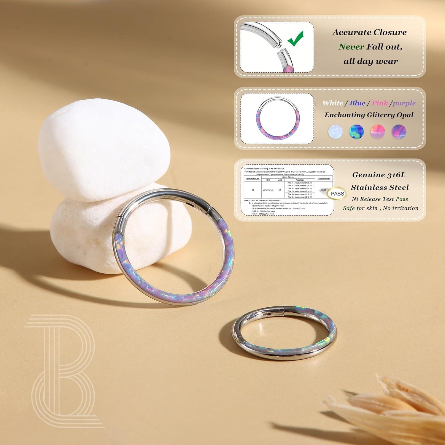 imageBodyBonita Hinged Opal Nose Rings Hoops 16G18G20G 316L Surgical Steel Hinged Hoop Nose Rings Septum Rings Conch Helix Daith Piercing Jewelry PurplePinkBlueWhite 10mm8mm SilverGold PlatedPurple Opal