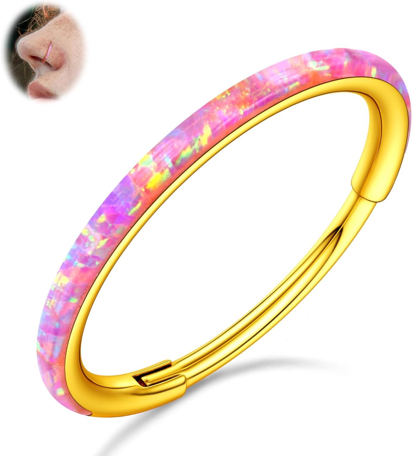 imageBodyBonita Hinged Opal Nose Rings Hoops 16G18G20G 316L Surgical Steel Hinged Hoop Nose Rings Septum Rings Conch Helix Daith Piercing Jewelry PurplePinkBlueWhite 10mm8mm SilverGold PlatedPink Opal