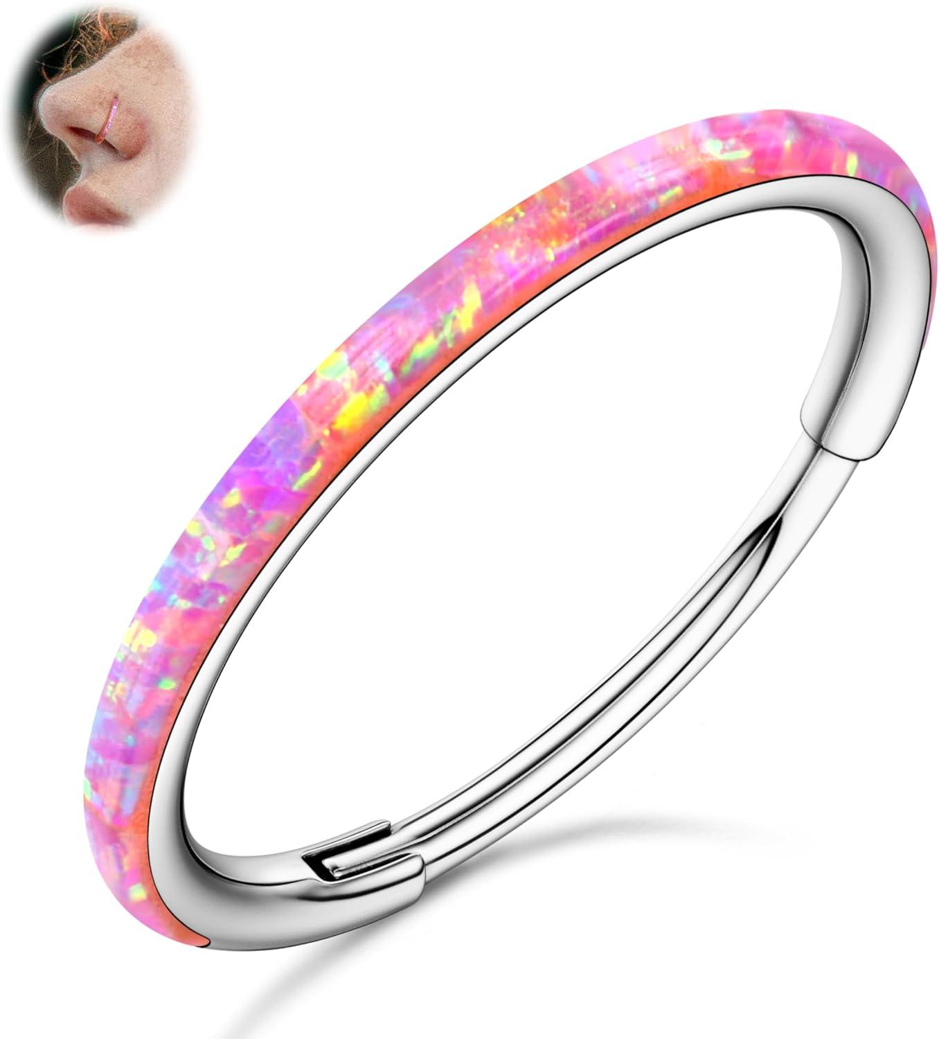 imageBodyBonita Hinged Opal Nose Rings Hoops 16G18G20G 316L Surgical Steel Hinged Hoop Nose Rings Septum Rings Conch Helix Daith Piercing Jewelry PurplePinkBlueWhite 10mm8mm SilverGold PlatedPink Opal