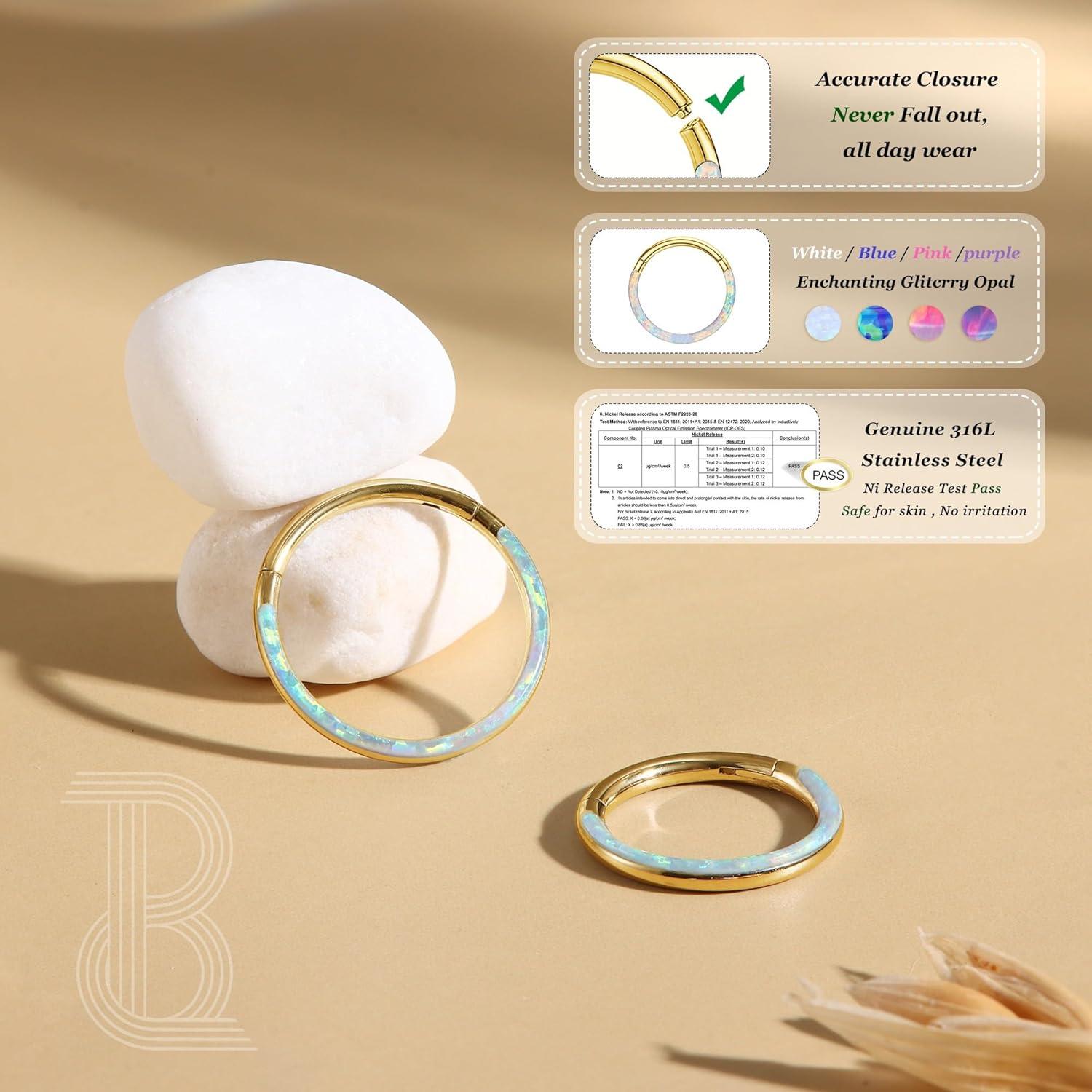 imageBodyBonita Hinged Opal Nose Rings Hoops 16G18G20G 316L Surgical Steel Hinged Hoop Nose Rings Septum Rings Conch Helix Daith Piercing Jewelry PurplePinkBlueWhite 10mm8mm SilverGold PlatedWhite Opal