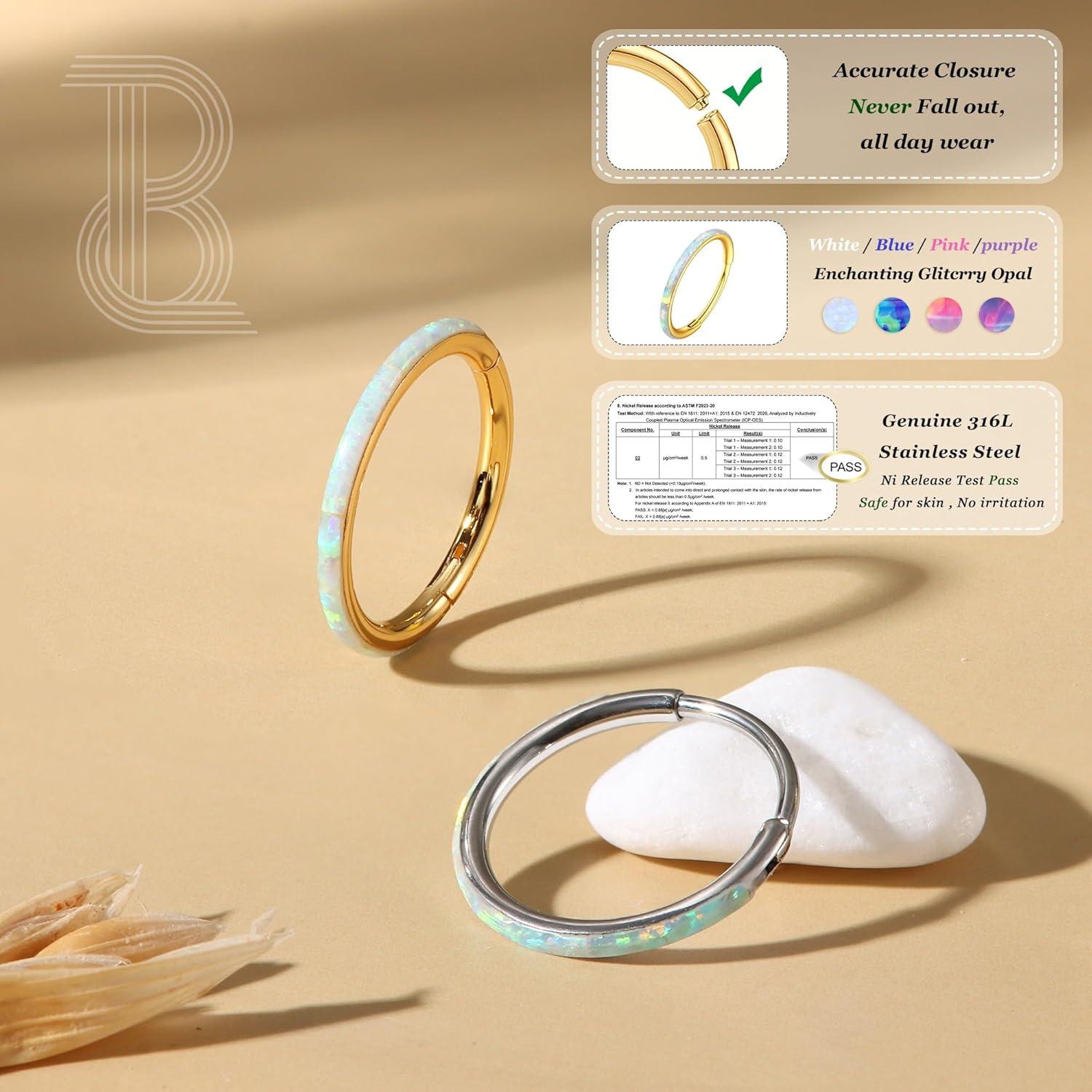 imageBodyBonita Hinged Opal Nose Rings Hoops 16G18G20G 316L Surgical Steel Hinged Hoop Nose Rings Septum Rings Conch Helix Daith Piercing Jewelry PurplePinkBlueWhite 10mm8mm SilverGold PlatedWhite Opal